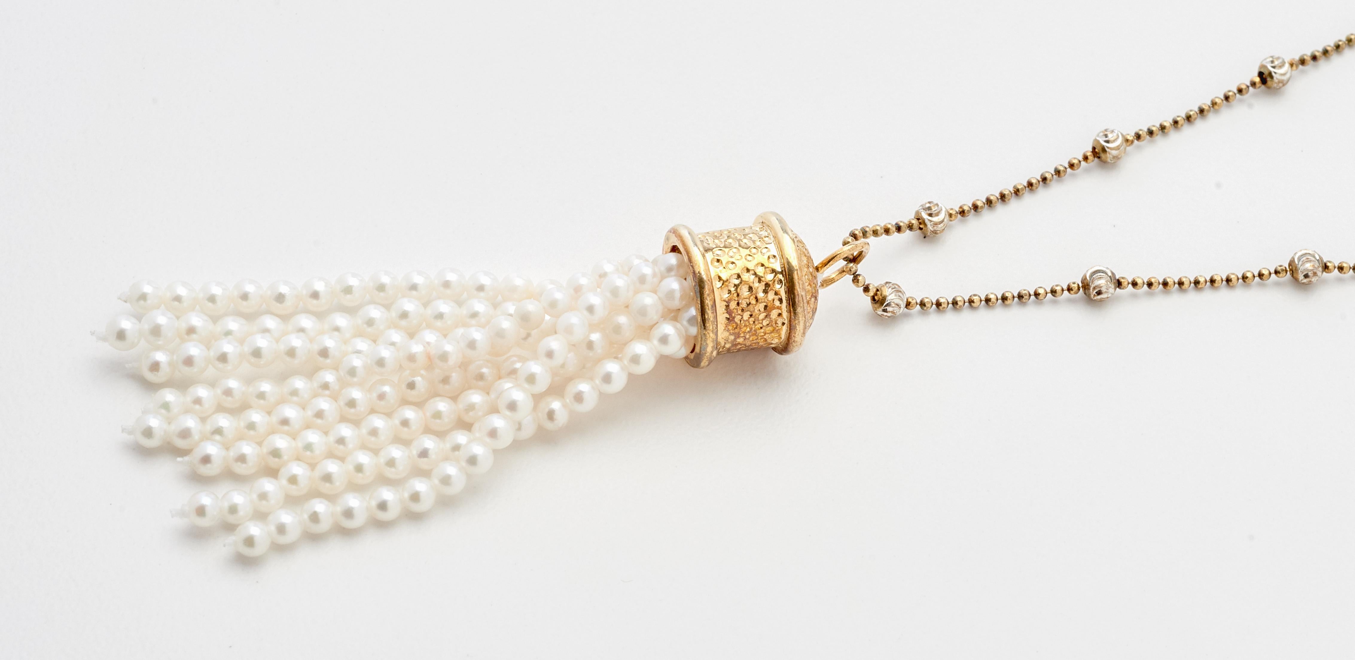 Round Cut Pearl Tassel Pendant Yellow Gold on Sterling Silver Beaded Chain Necklace   For Sale
