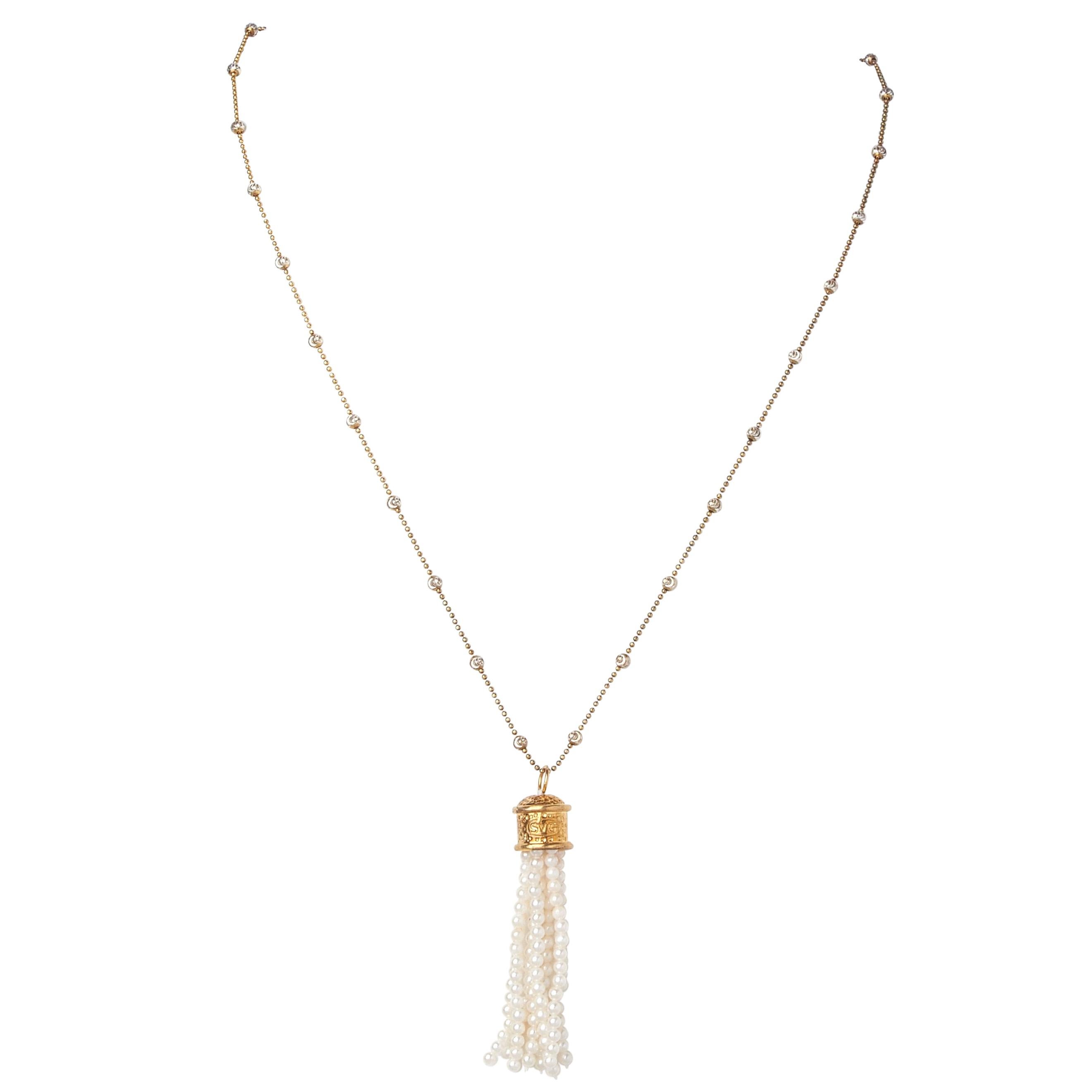 Pearl Tassel Pendant Yellow Gold on Sterling Silver Beaded Chain Necklace   For Sale