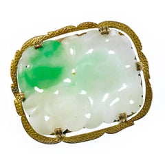 Vermeil Carved Moss-in-Snow Jade Brooch, Circa 1940s, Retro Design