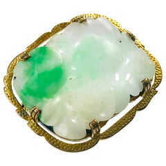 Vermeil Carved Moss-in-Snow Jade Brooch, Circa 1940s, Retro Design