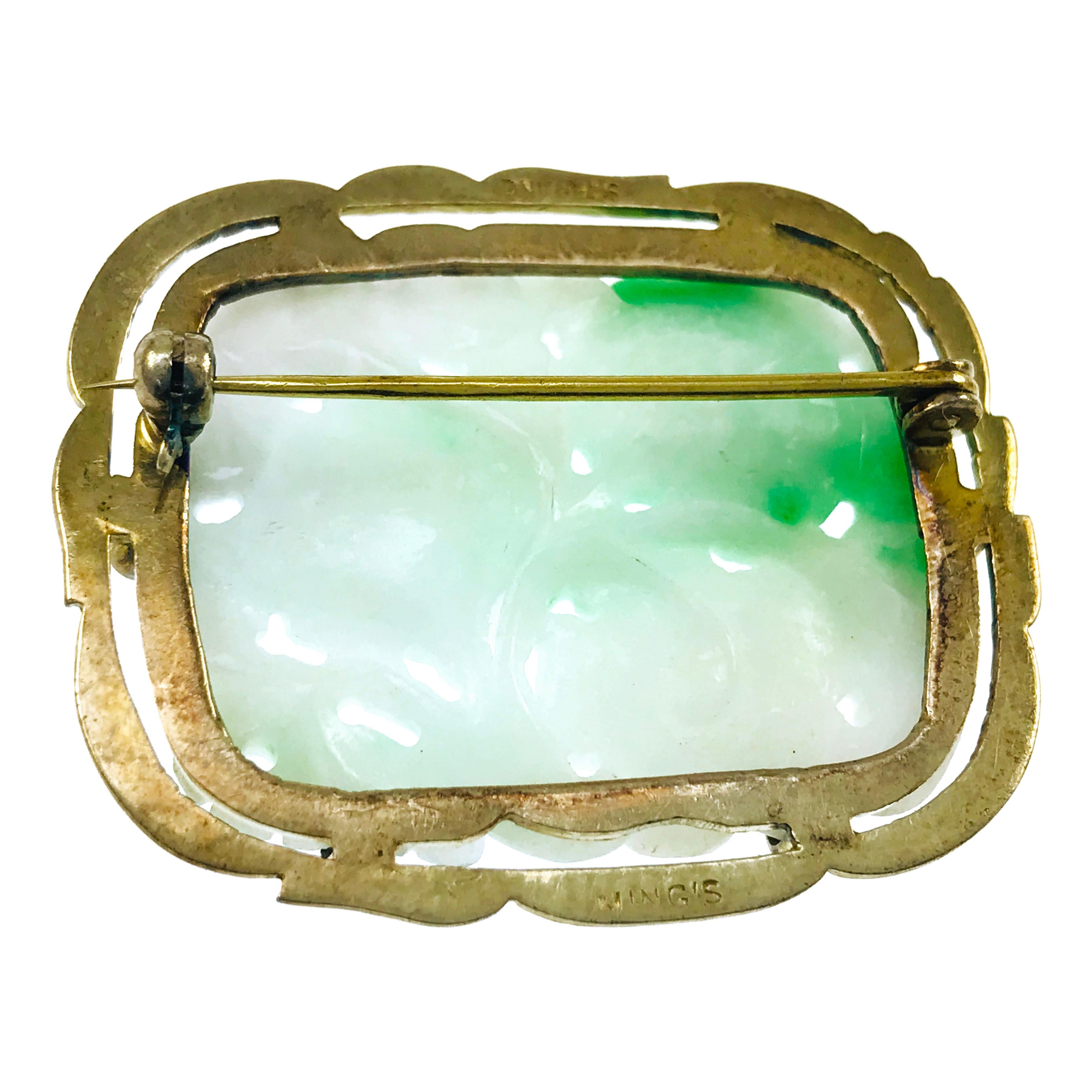 Brosche/Pin aus geschnitzter Moss-in-Schneide-Jade aus Vermeil im Zustand „Gut“ im Angebot in Palm Desert, CA