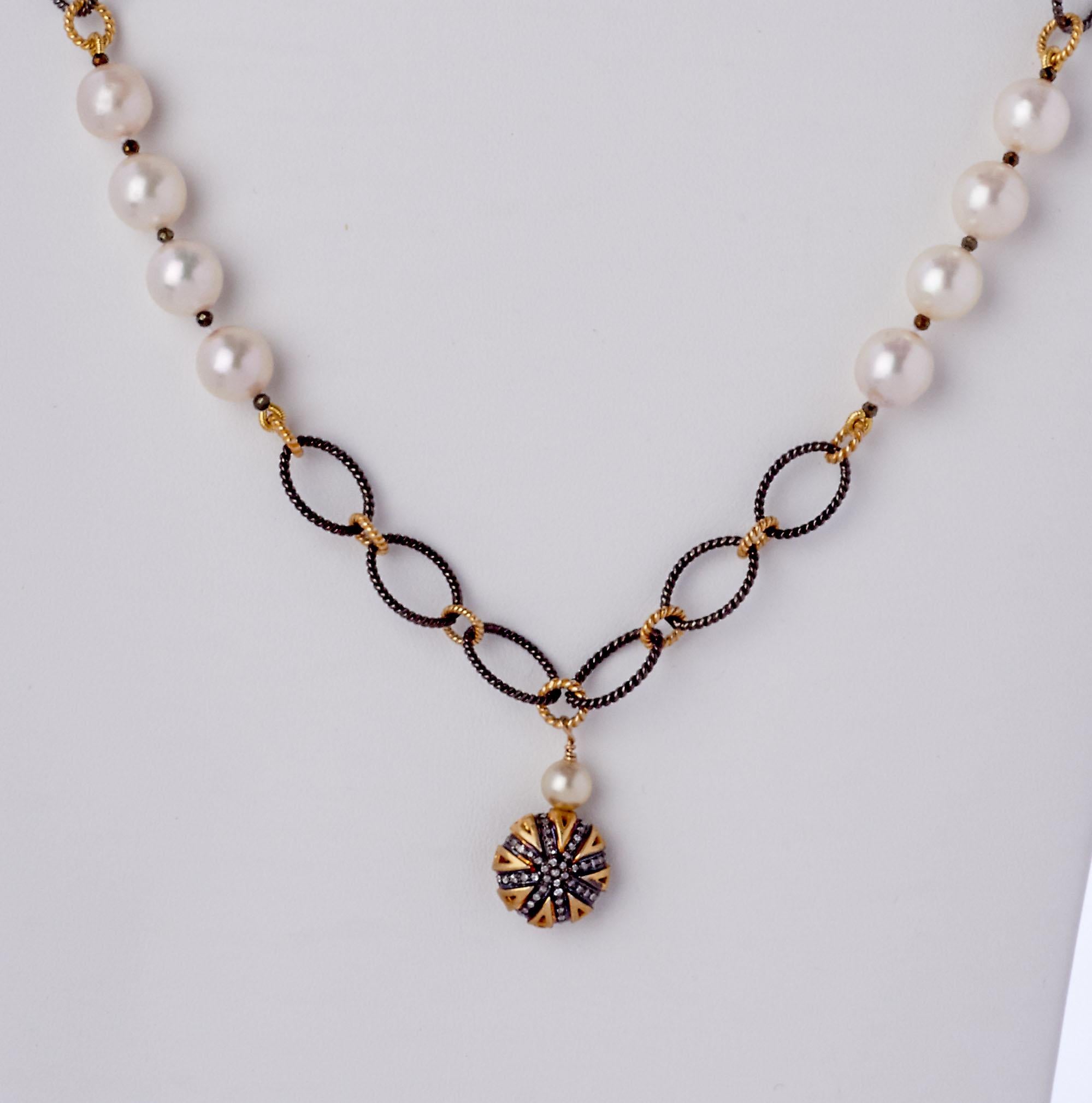 A fresh and cheerful artisan piece, this 23 inch necklace of fine 13.5mm Akoya pearls is hand-strung with facet-cut natural pyrite beads and crafted with a contrasting sterling silver open link chain leading to a bright and colorful sterling silver