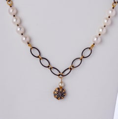 Diamond Sterling Puff Charm Pendant Necklace w Pearl & Silver Chain