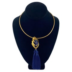 Vermeil Mermaid Pendant Necklace with Blue Agate & Silk Tassels