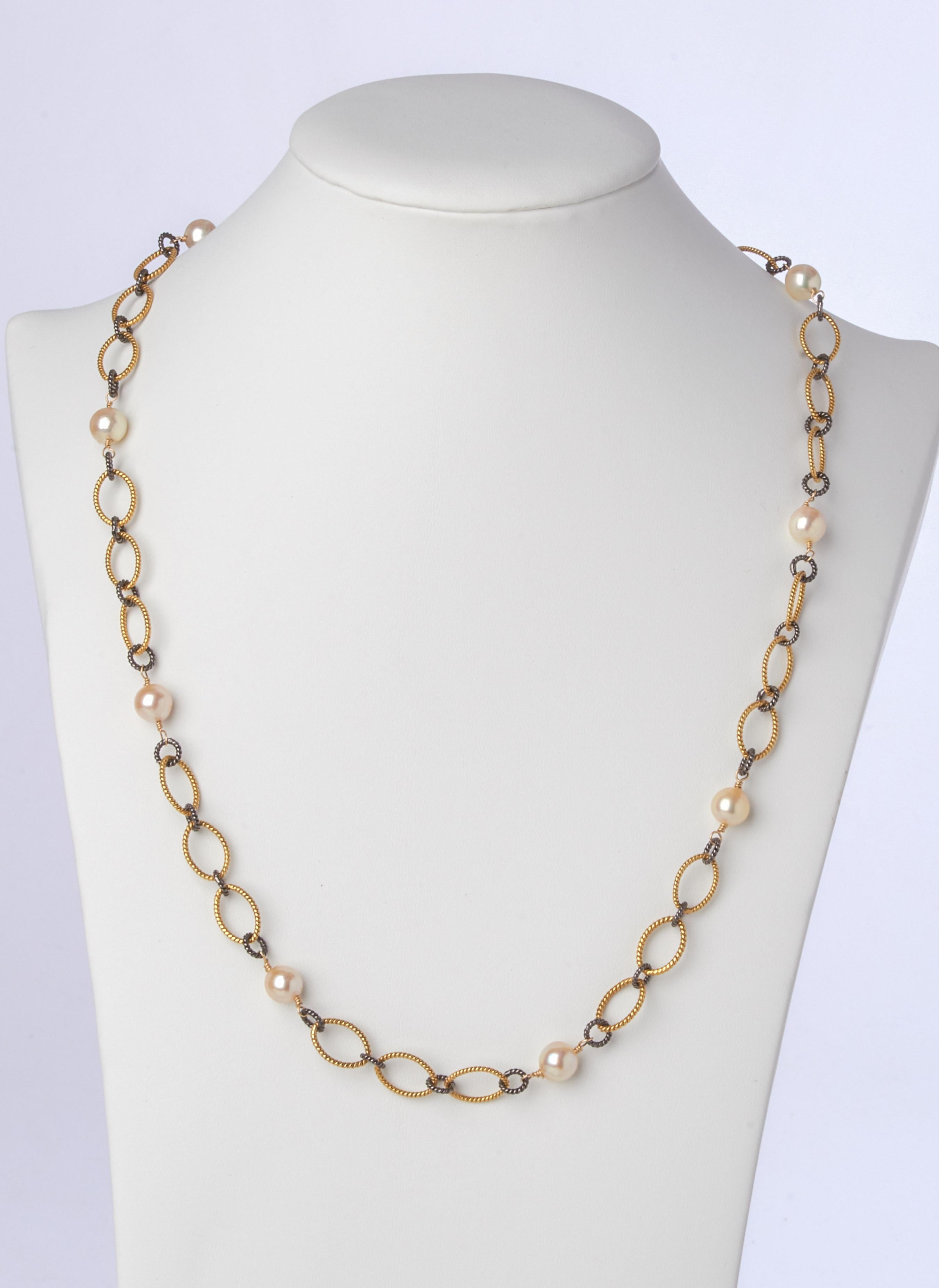 Round Cut Vermeil & Oxidized Silver Open Link Chain Necklace w Akoya Pearls For Sale