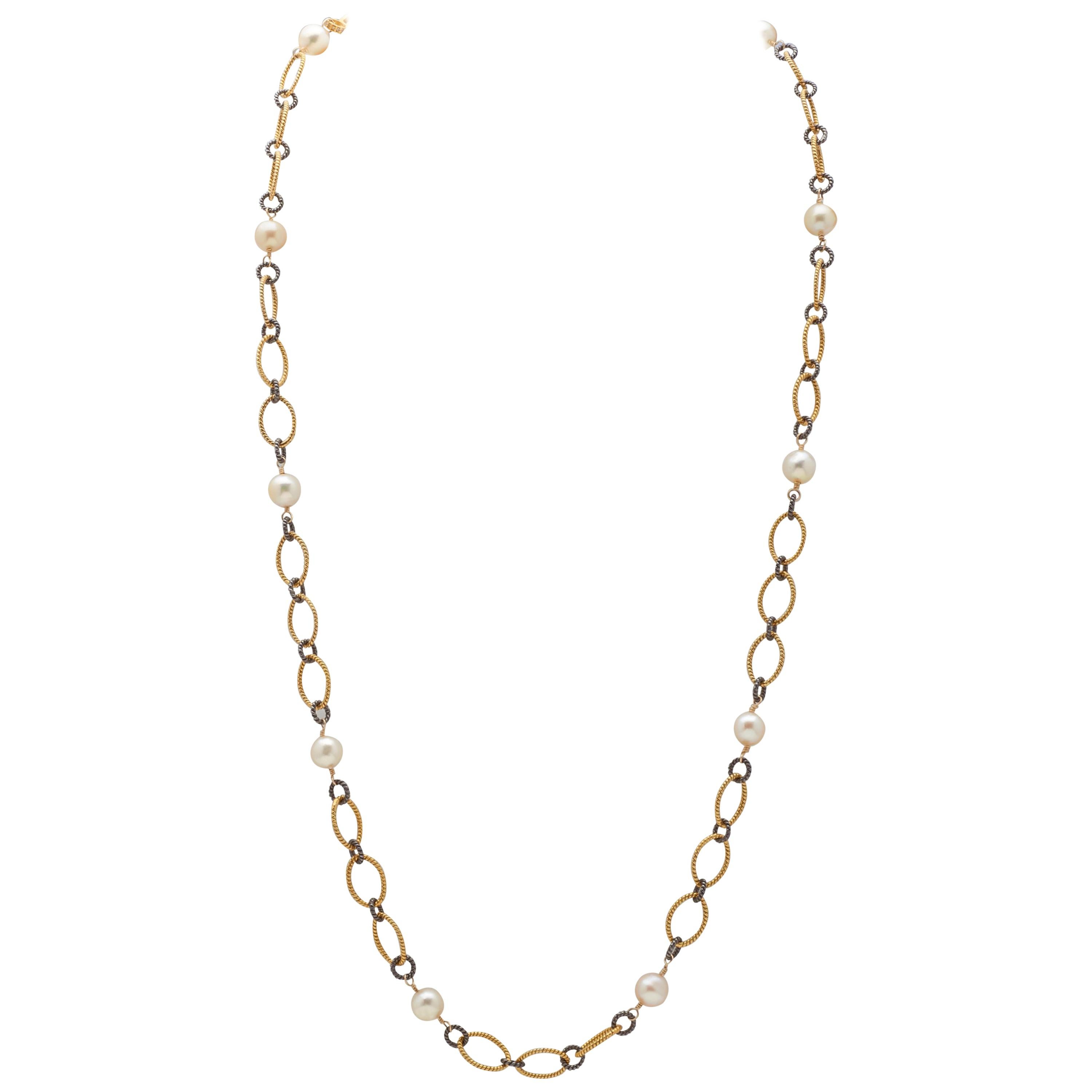 Vermeil & Oxidized Silver Open Link Chain Necklace w Akoya Pearls For Sale