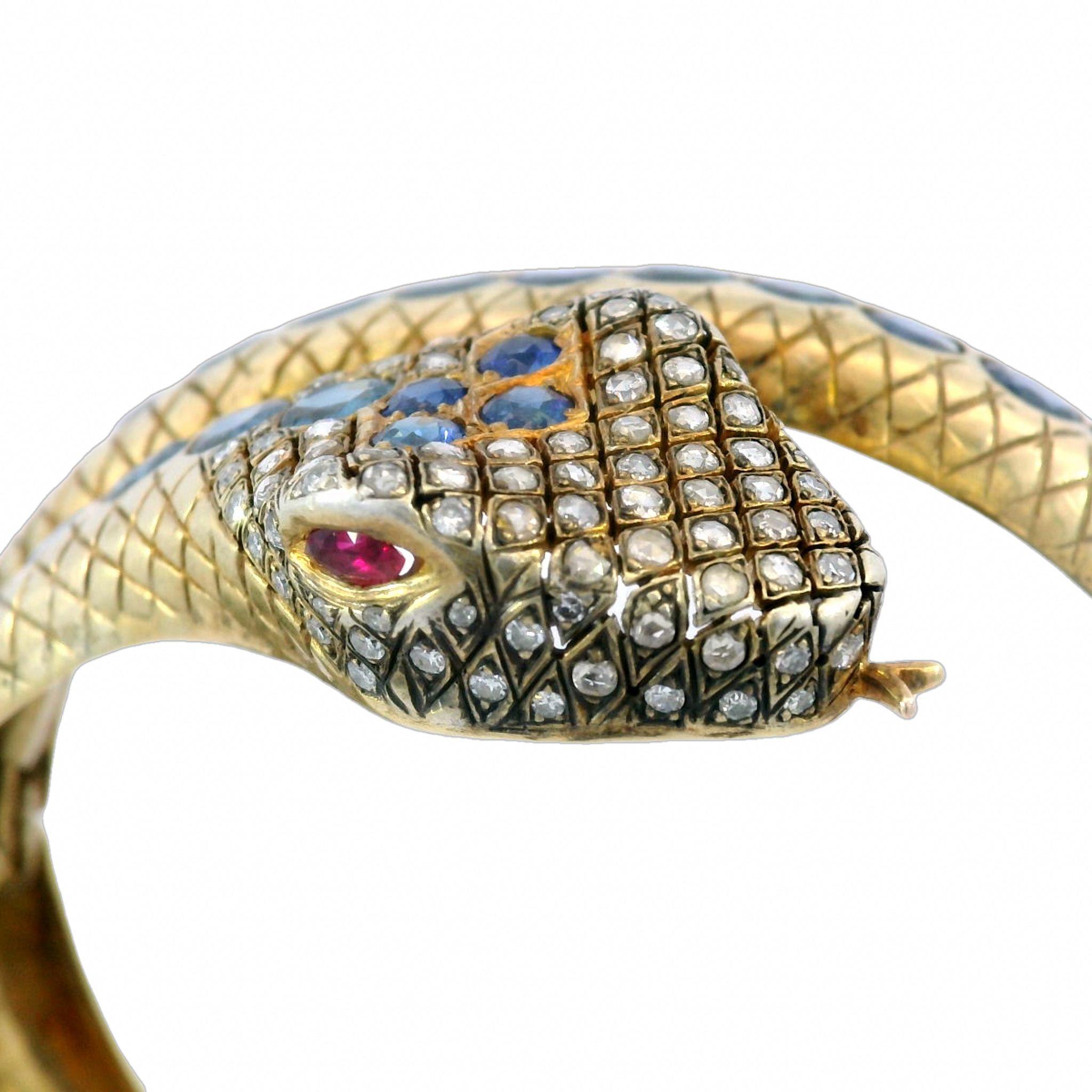 Revival Vermeil Sapphire Snake Bangle Bracelet Gold, Silver ~9.6ct GIA Natural Sapphire
