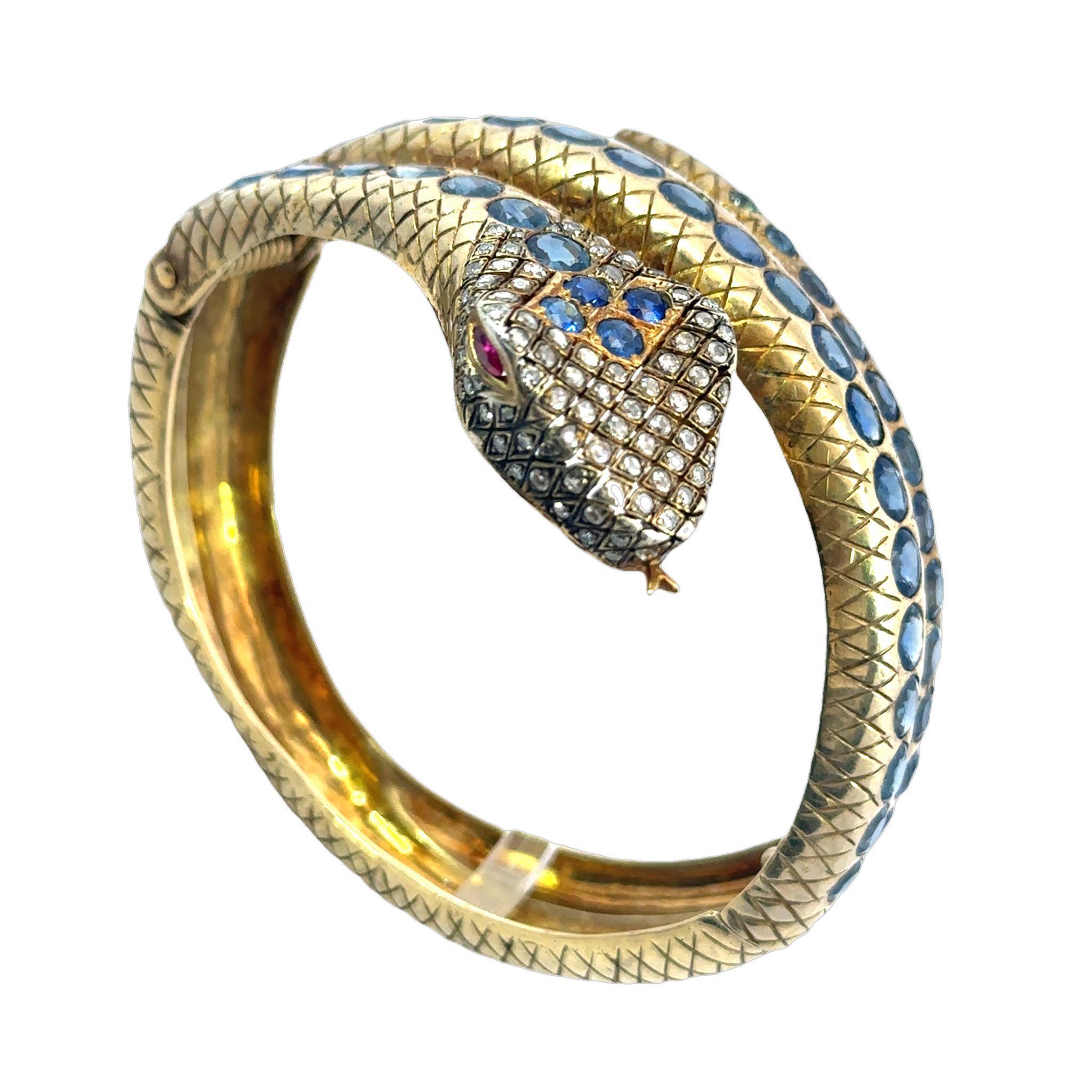 Rose Cut Vermeil Sapphire Snake Bangle Bracelet Gold, Silver ~9.6ct GIA Natural Sapphire