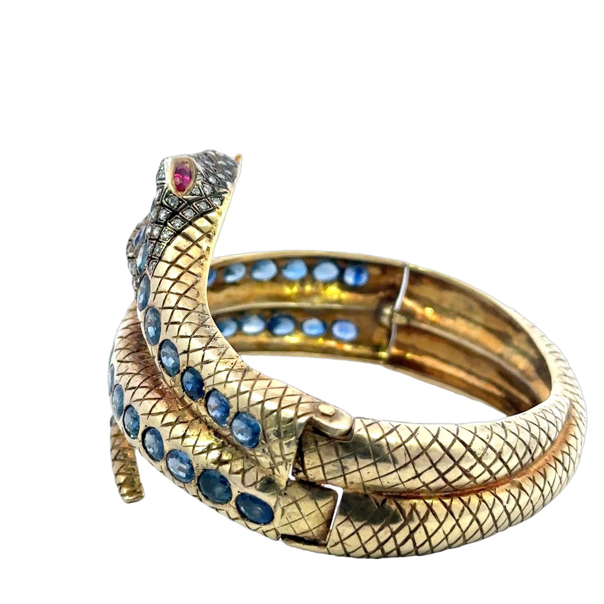 Vermeil Sapphire Snake Bangle Bracelet Gold, Silver ~9.6ct GIA Natural Sapphire In Good Condition In Fairfield, CT