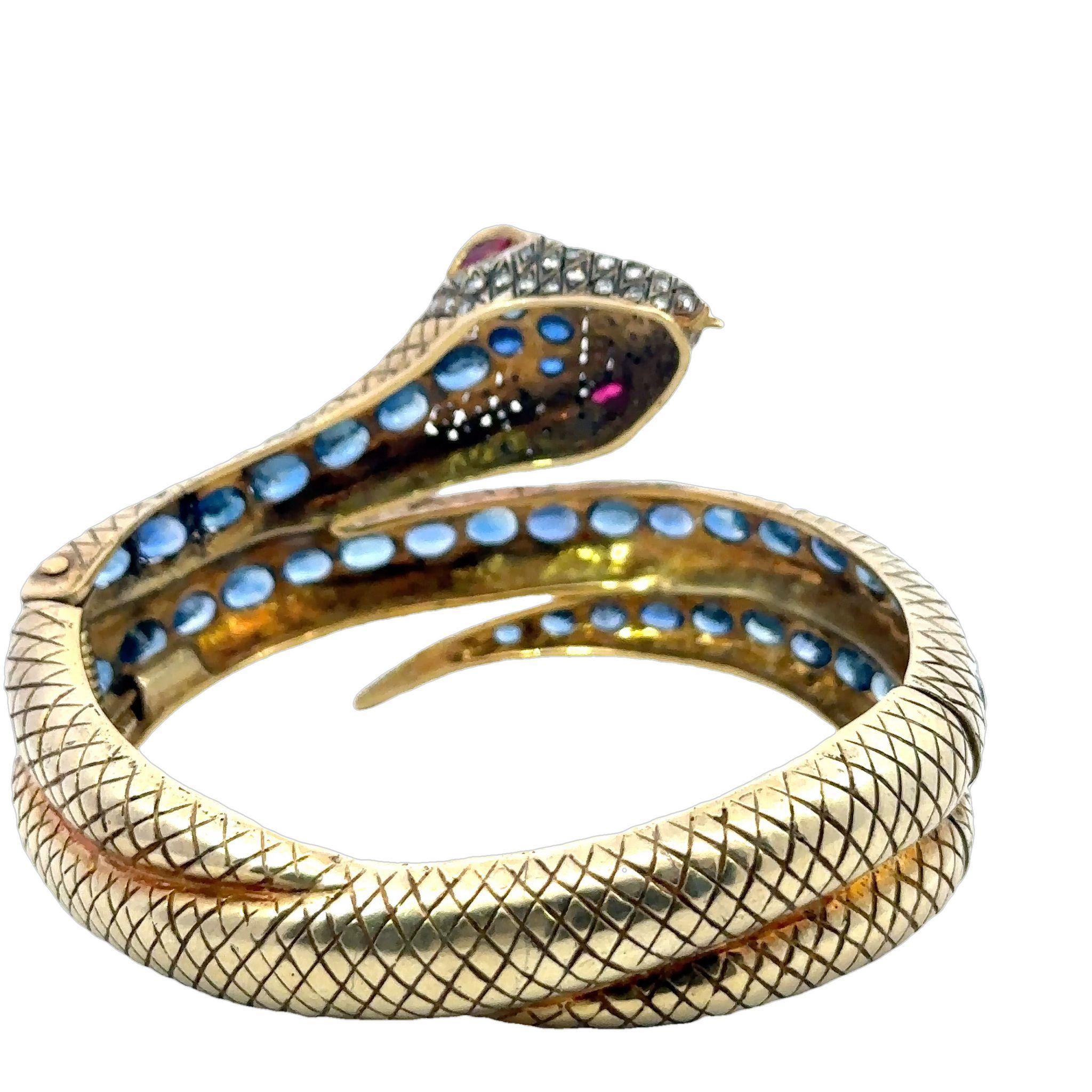 Women's Vermeil Sapphire Snake Bangle Bracelet Gold, Silver ~9.6ct GIA Natural Sapphire