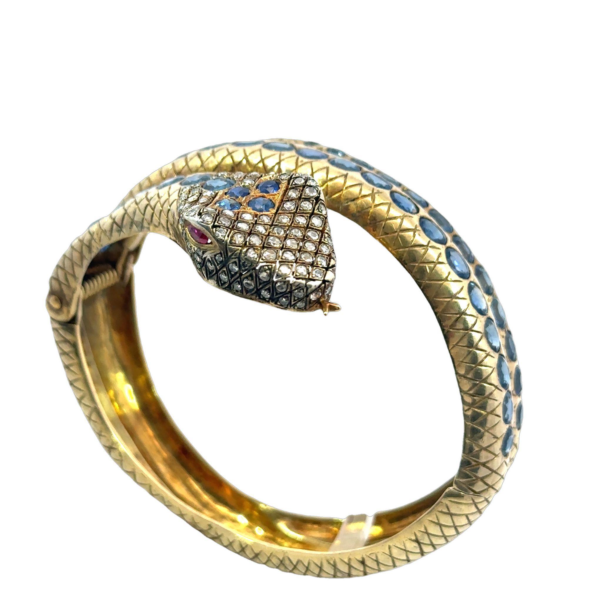 Vermeil Sapphire Snake Bangle Bracelet Gold, Silver ~9.6ct GIA Natural Sapphire 1