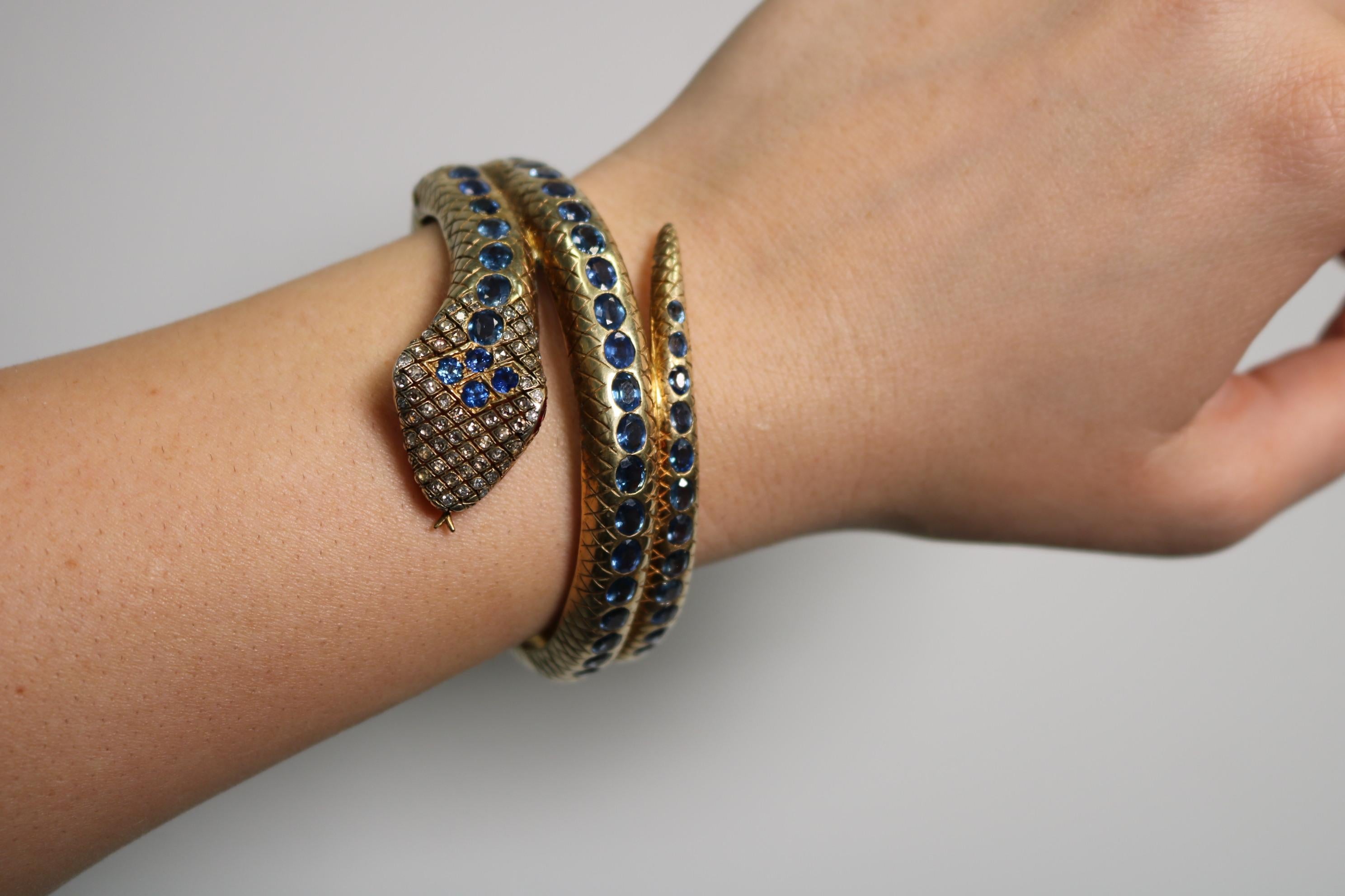 Vermeil Sapphire Snake Bangle Bracelet Gold, Silver ~9.6ct GIA Natural Sapphire 2