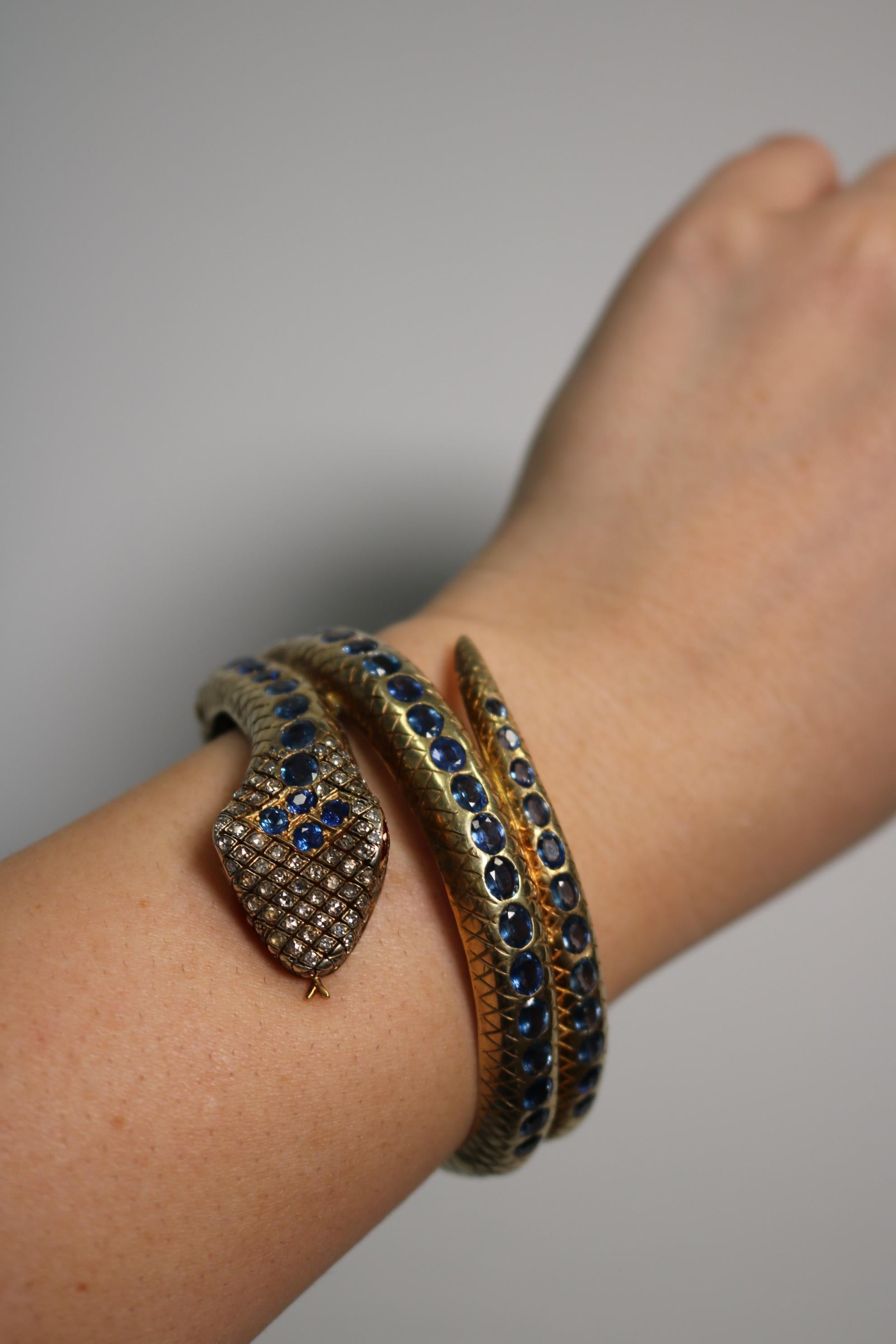 Vermeil Sapphire Snake Bangle Bracelet Gold, Silver ~9.6ct GIA Natural Sapphire 3