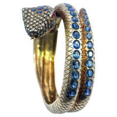 Vermeil Sapphire Snake Bangle Bracelet Gold, Silver ~9.6ct GIA Natural Sapphire