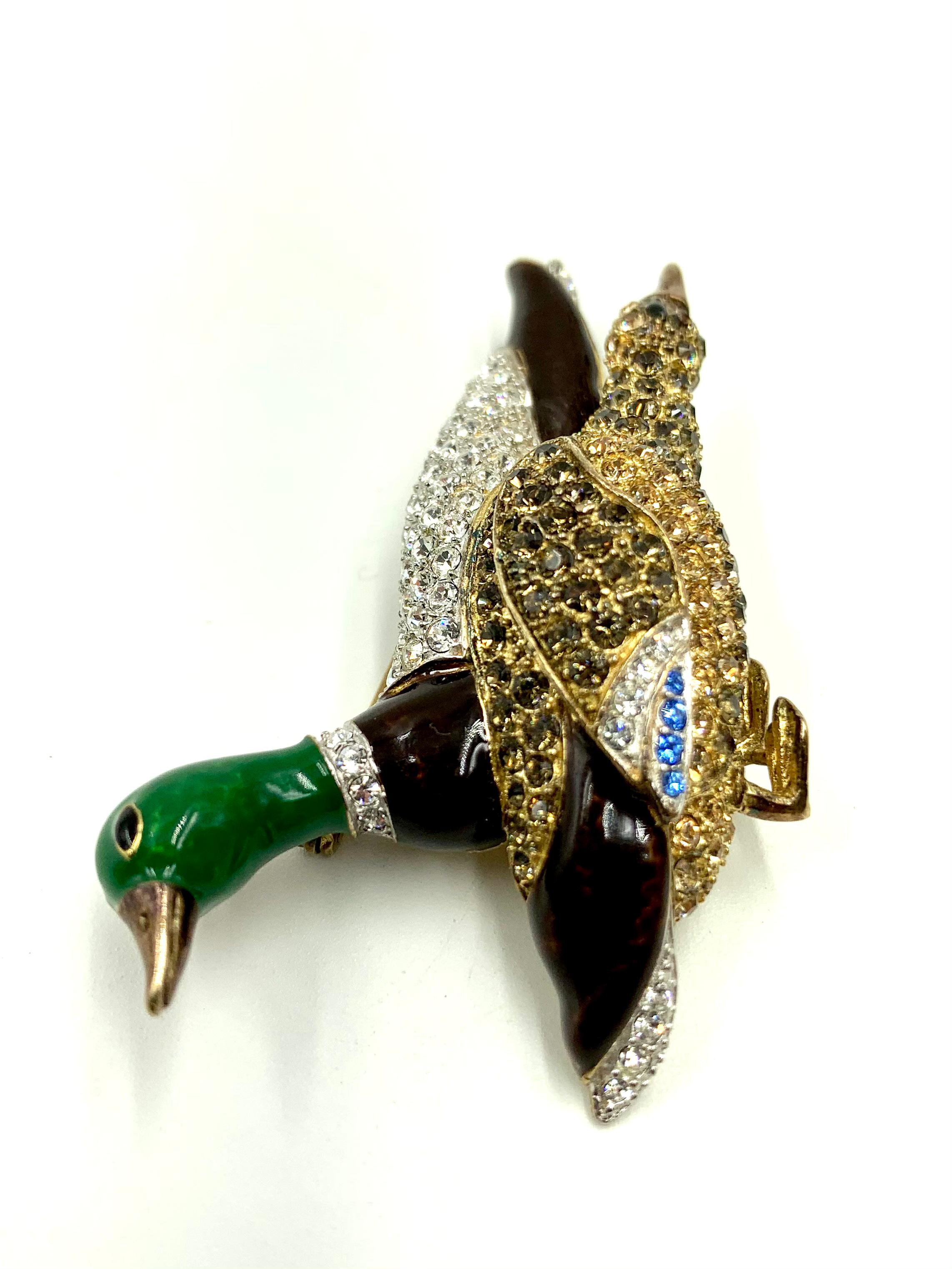 Mixed Cut Vintage Brooks Borthers Vermeil Silver Polychrome Enamel, Crystal Ducks Brooch For Sale