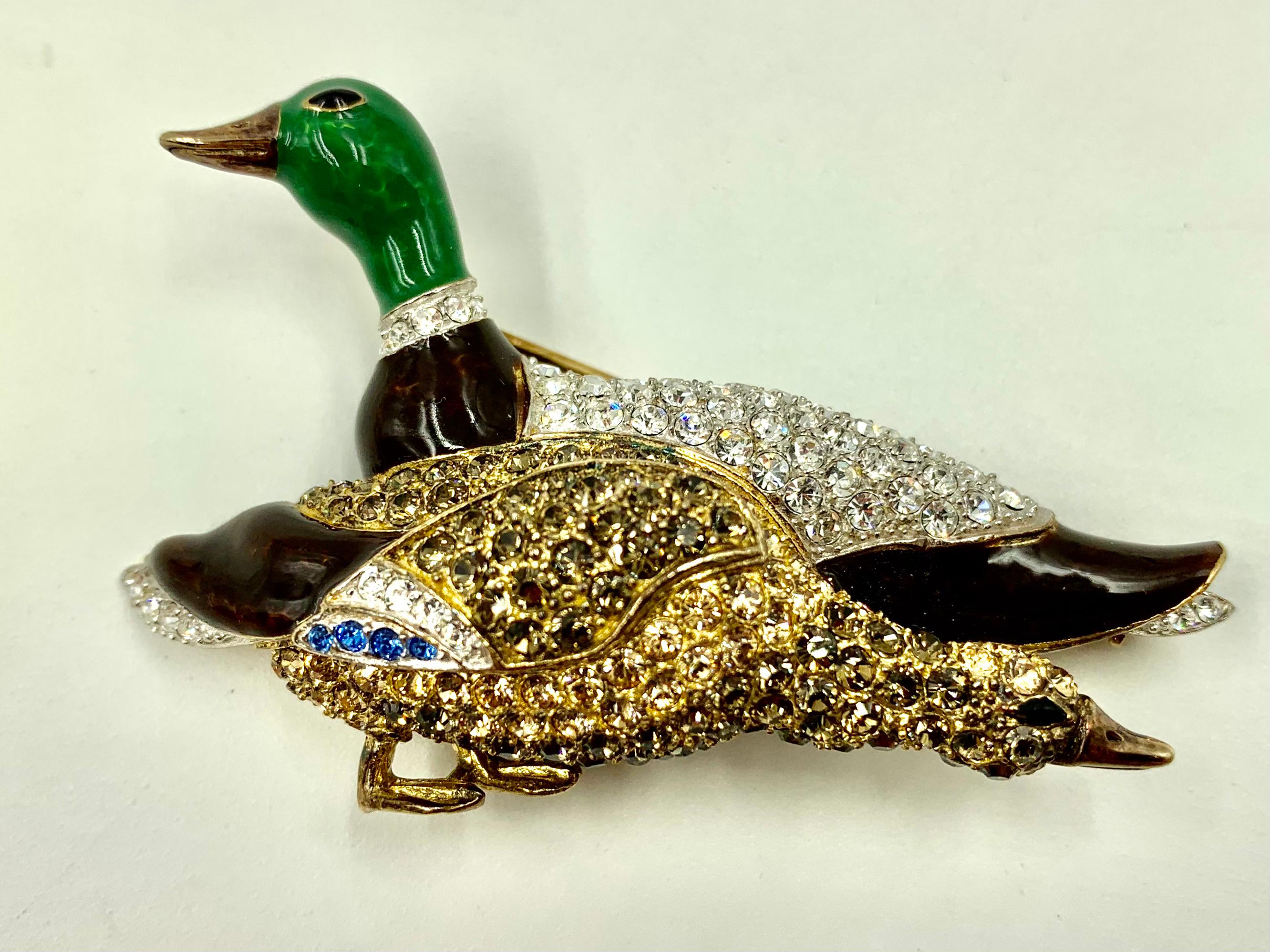 Women's or Men's Vintage Brooks Borthers Vermeil Silver Polychrome Enamel, Crystal Ducks Brooch For Sale