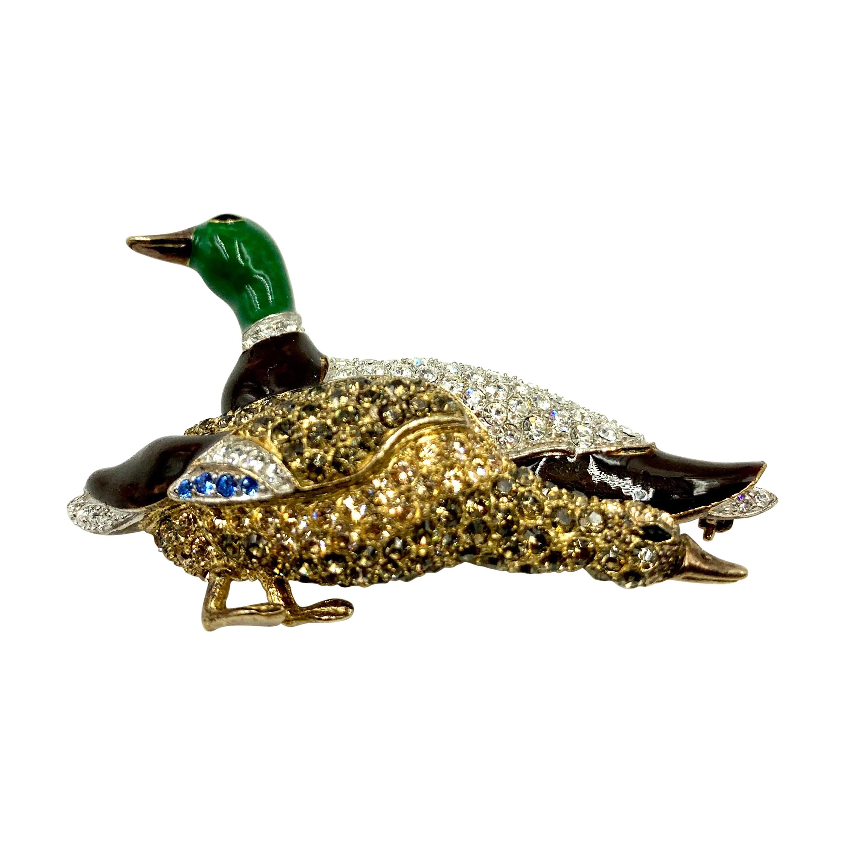 Vintage Brooks Borthers Vermeil Silver Polychrome Enamel, Crystal Ducks Brooch For Sale