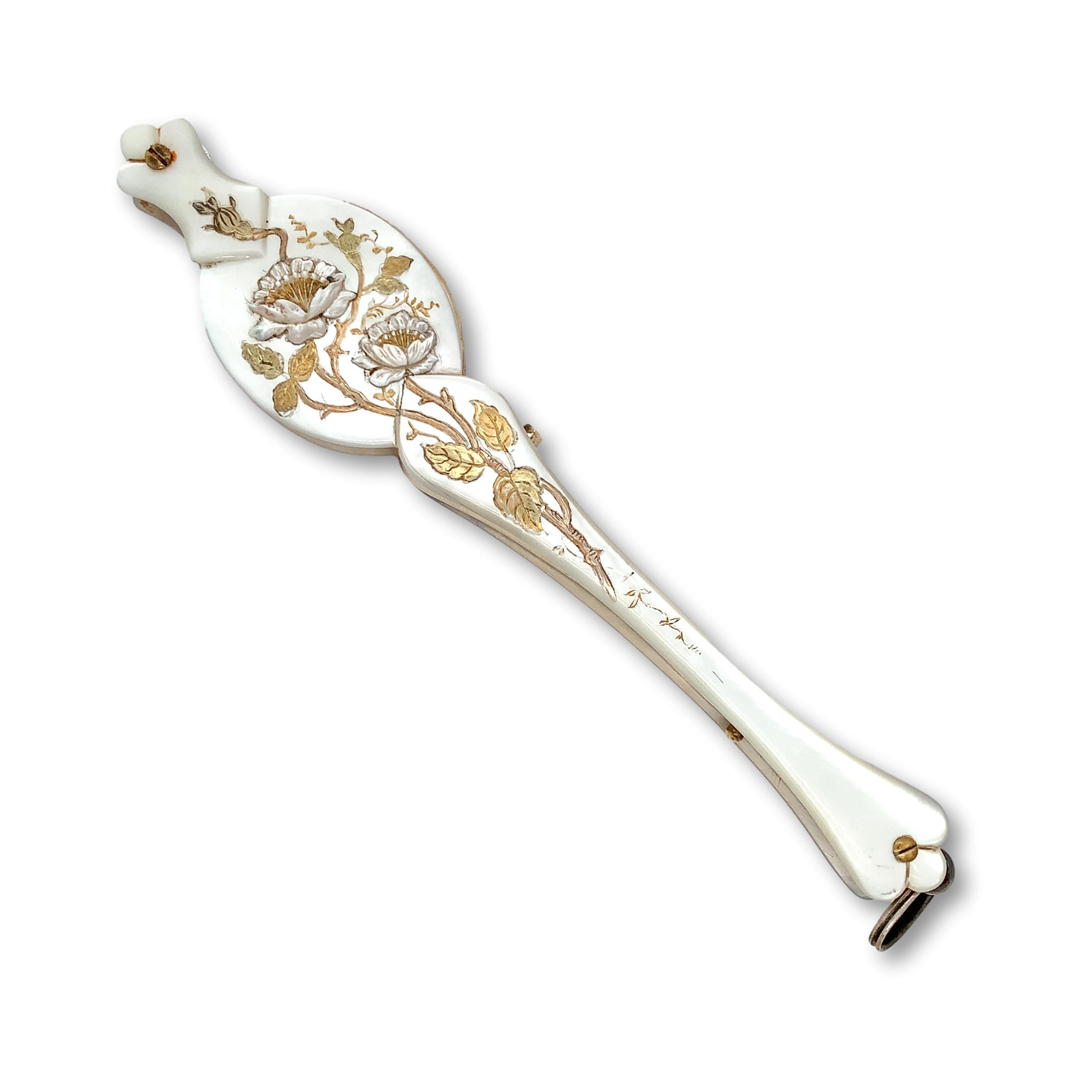 Cabochon Vermeil Sterling French Victorian Lorgnette Glasses with Mother of Pearl