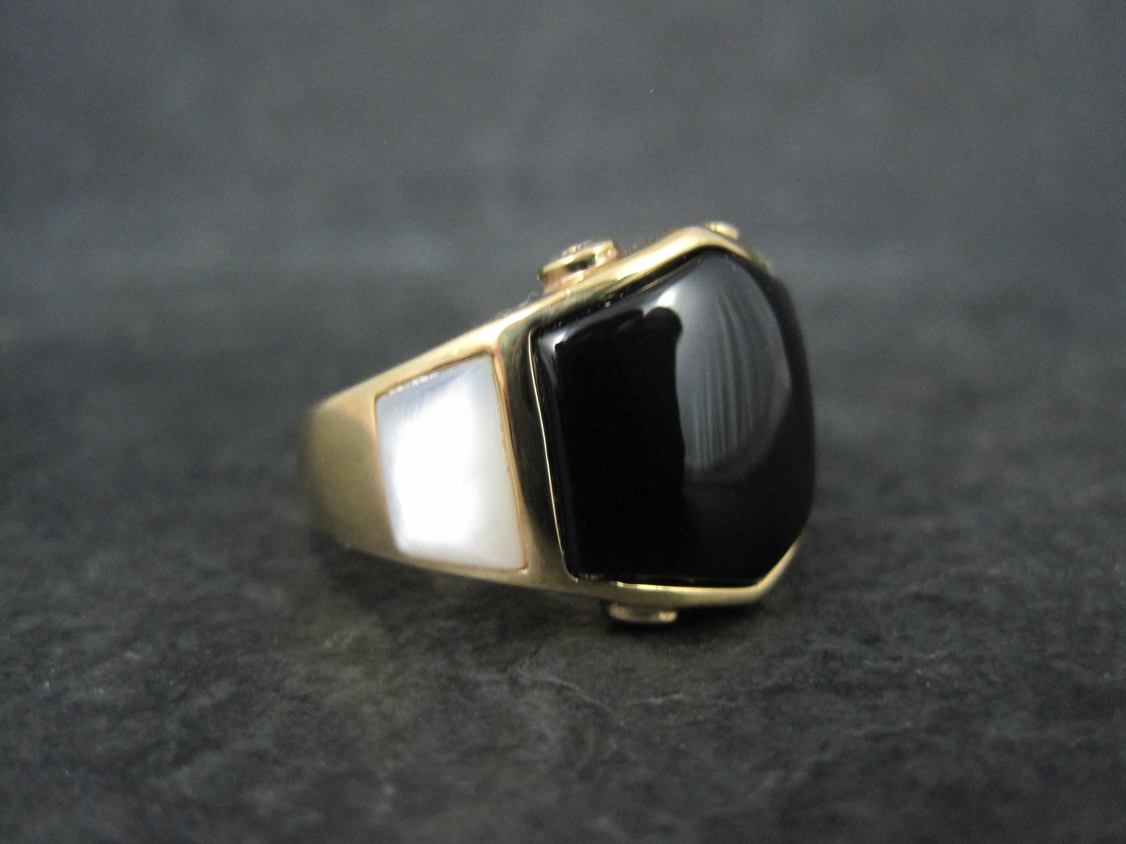 Modern Vermeil Sterling Onyx Mother of Pearl Ring Size 8 For Sale