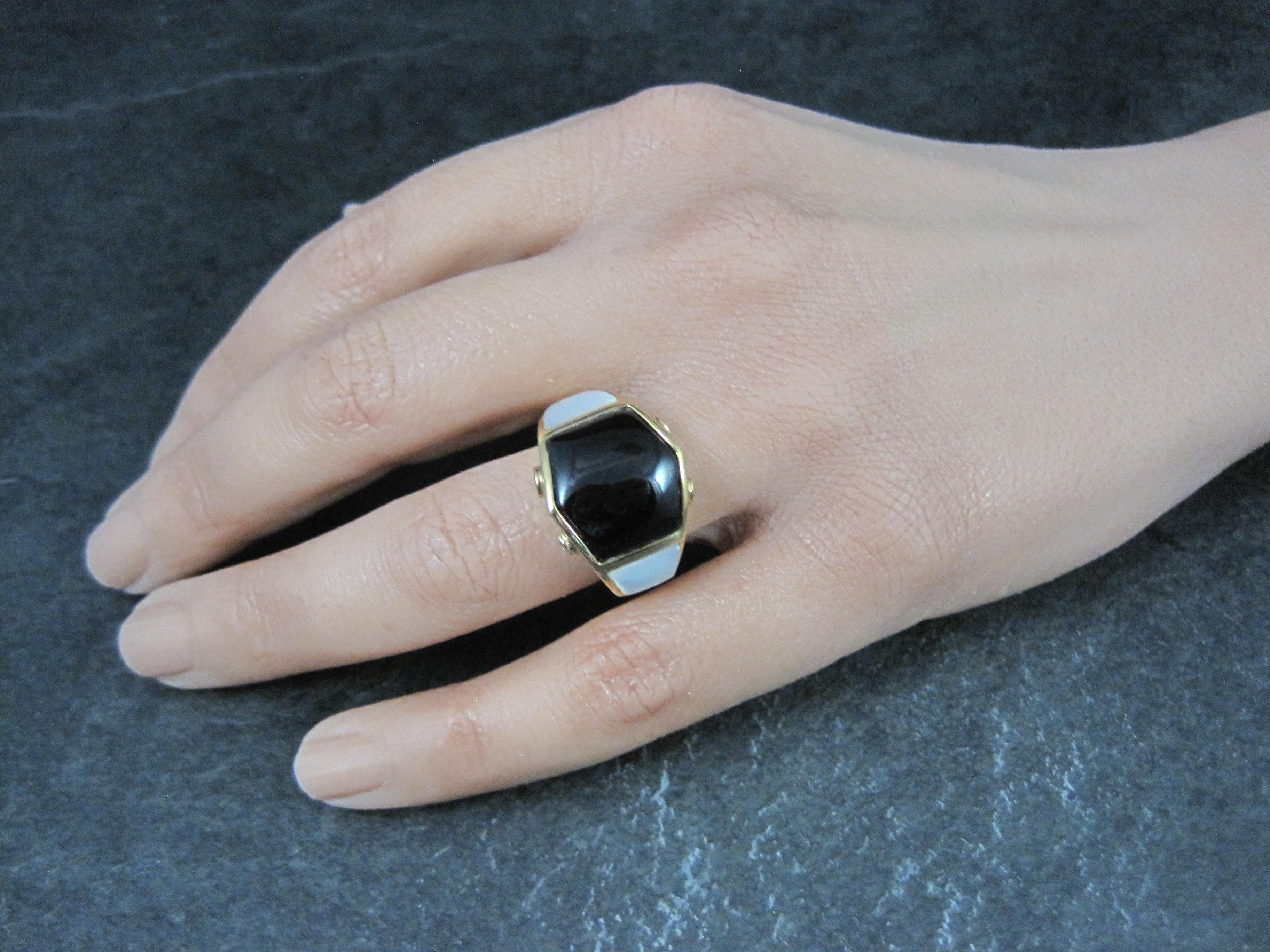 Women's Vermeil Sterling Onyx Mother of Pearl Ring Size 8 For Sale
