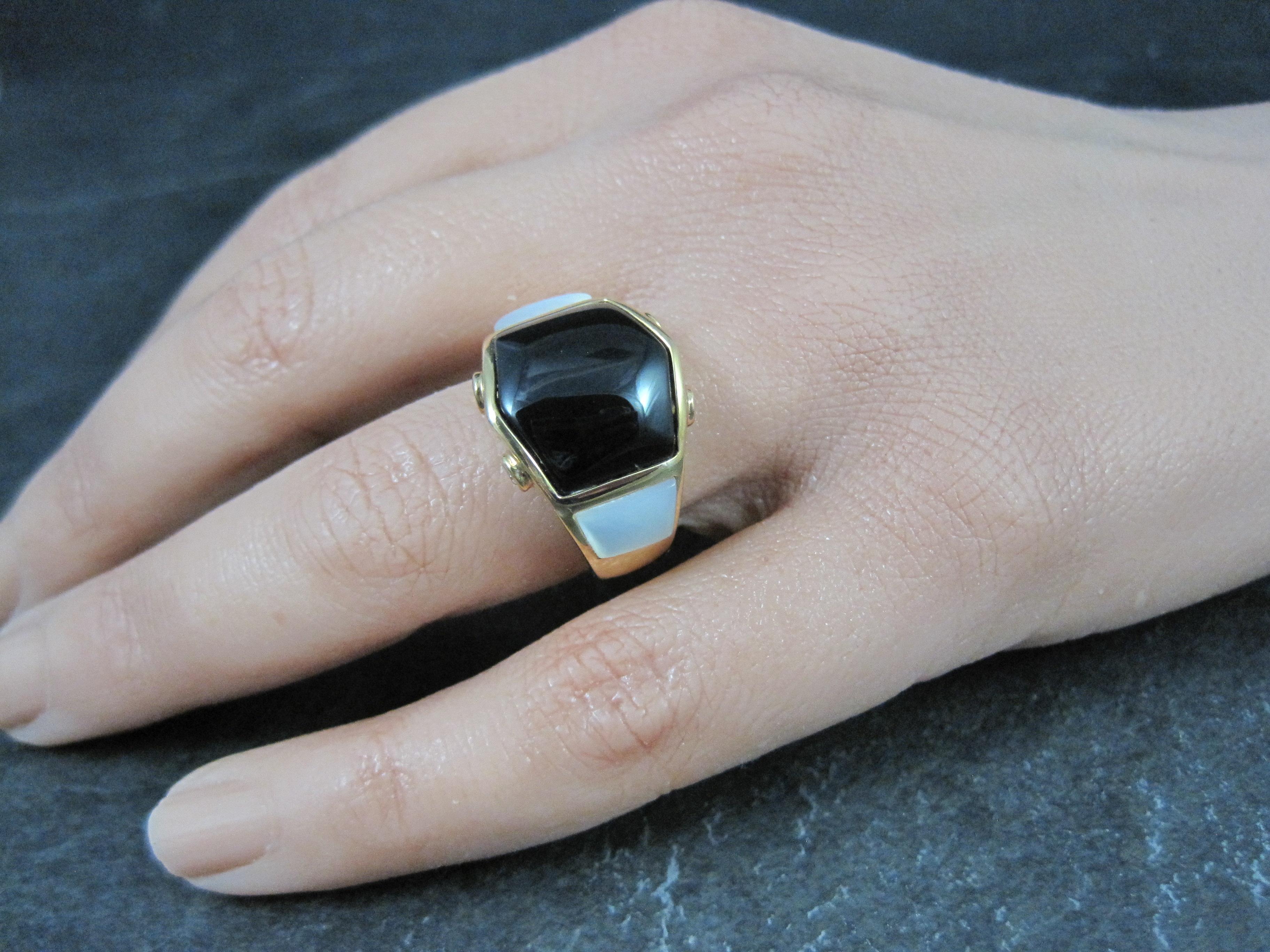 Vermeil Sterling Onyx Mother of Pearl Ring Size 8 For Sale 1