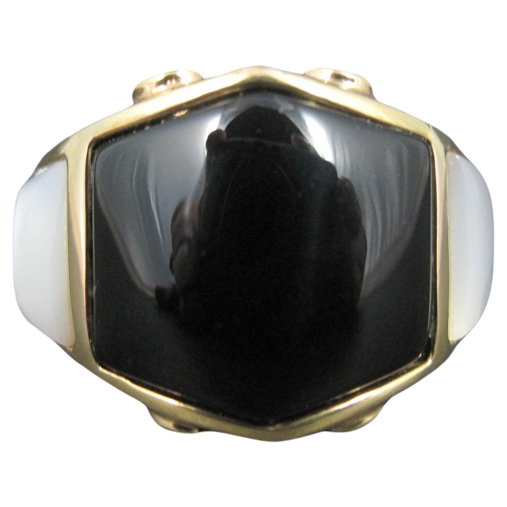 Vermeil Sterling Onyx Mother of Pearl Ring Size 8 For Sale