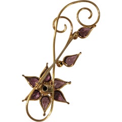Vermeil Sterling Silver Floral Brooch with Purple Teardrop Glass Petals, 1940s