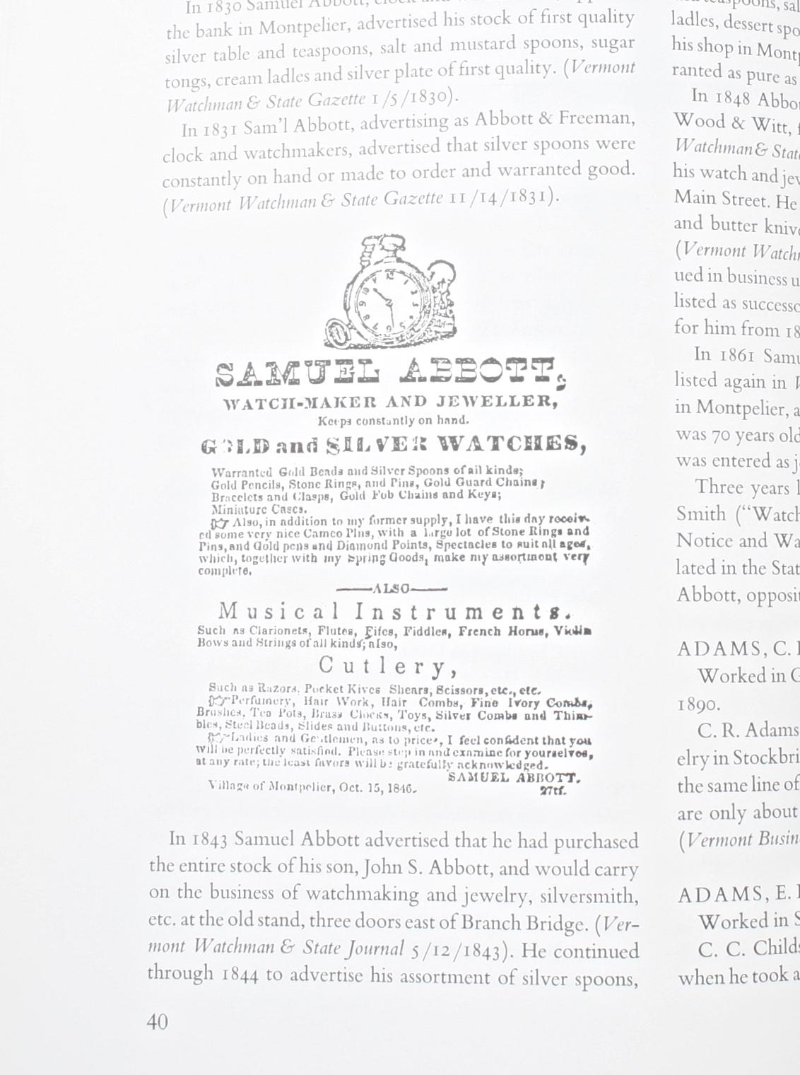 Paper Vermont Clock & Watchmakers, Silversmiths, & Jewelers, 1778-1878, Signed Ltd Ed For Sale