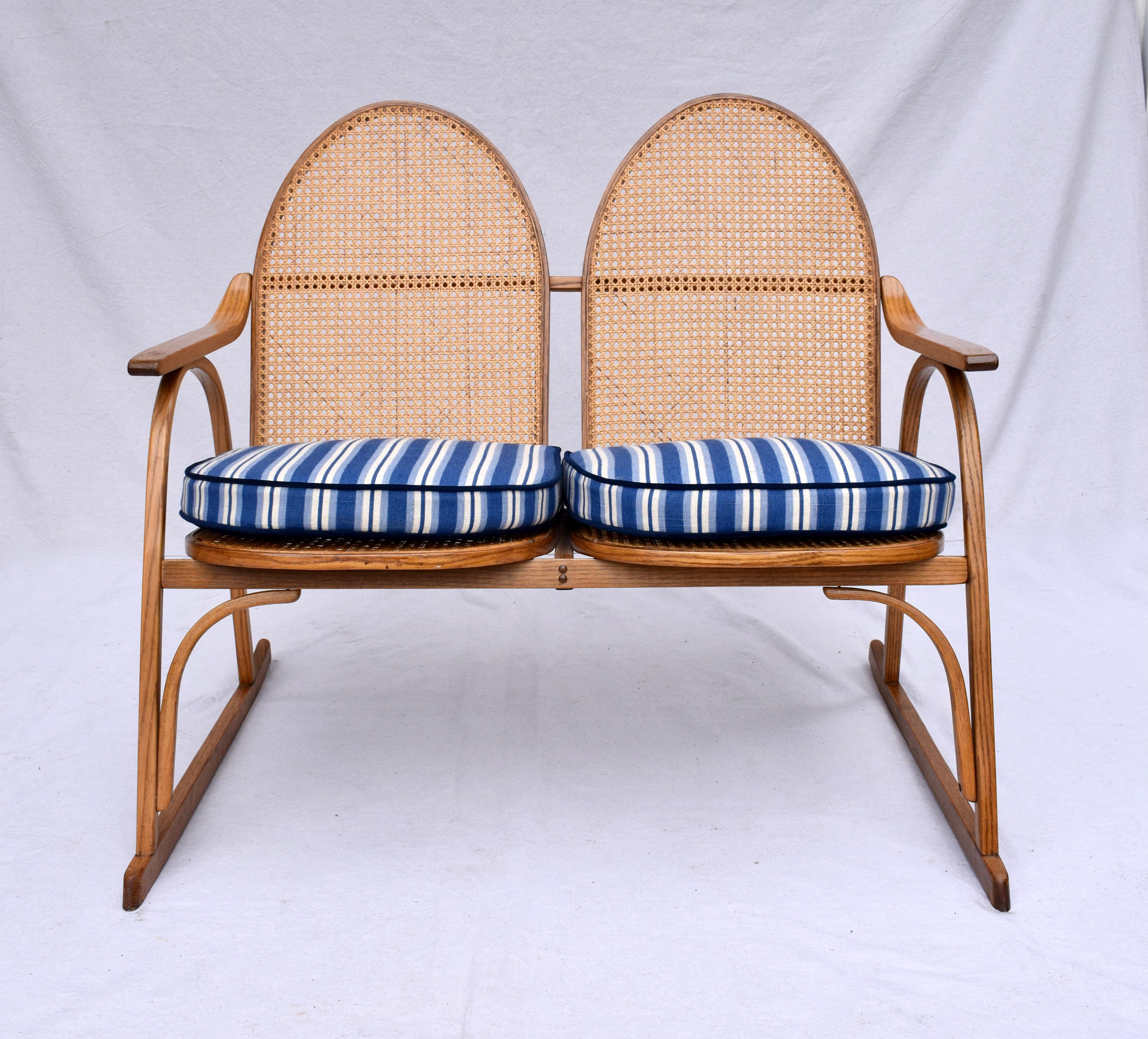 Classic Adirondack Vermont Tubes bent oak two seat bench settee with new custom cushions upholstered in vintage new stock blue & white striped linen. Seldom seen caned construction Signed.