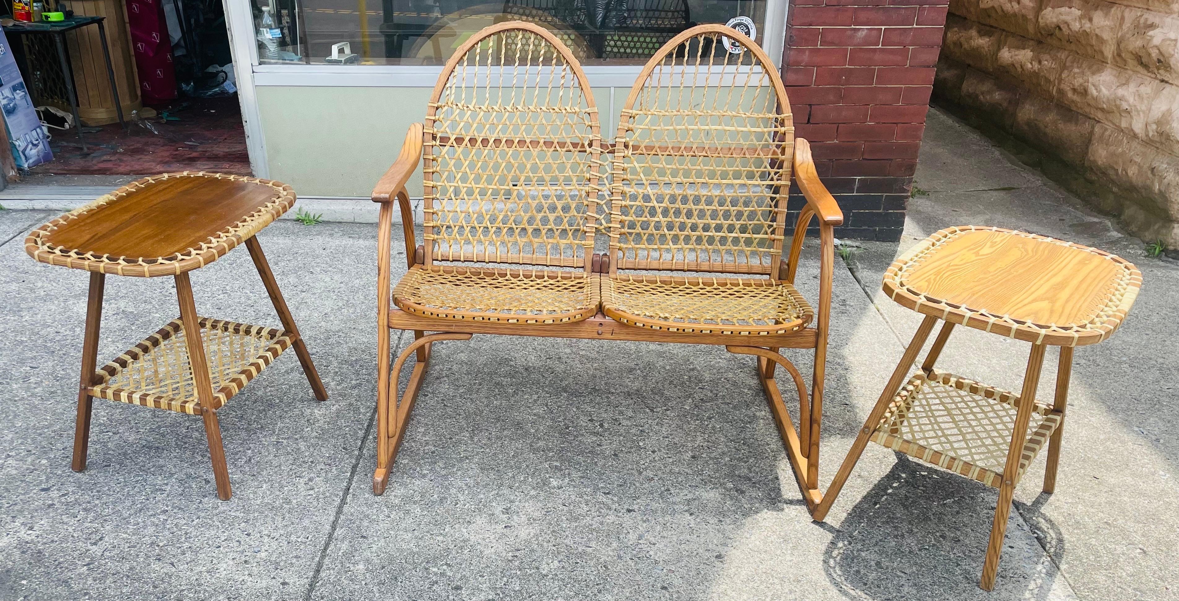 This is an attractive coordinated set of faux snowshoe furniture made by Vermont Tubbs Furniture Co. which made this type of furniture in Forestdale, Vermont until the early part of the 21st century. The bench is marked but the other pieces came