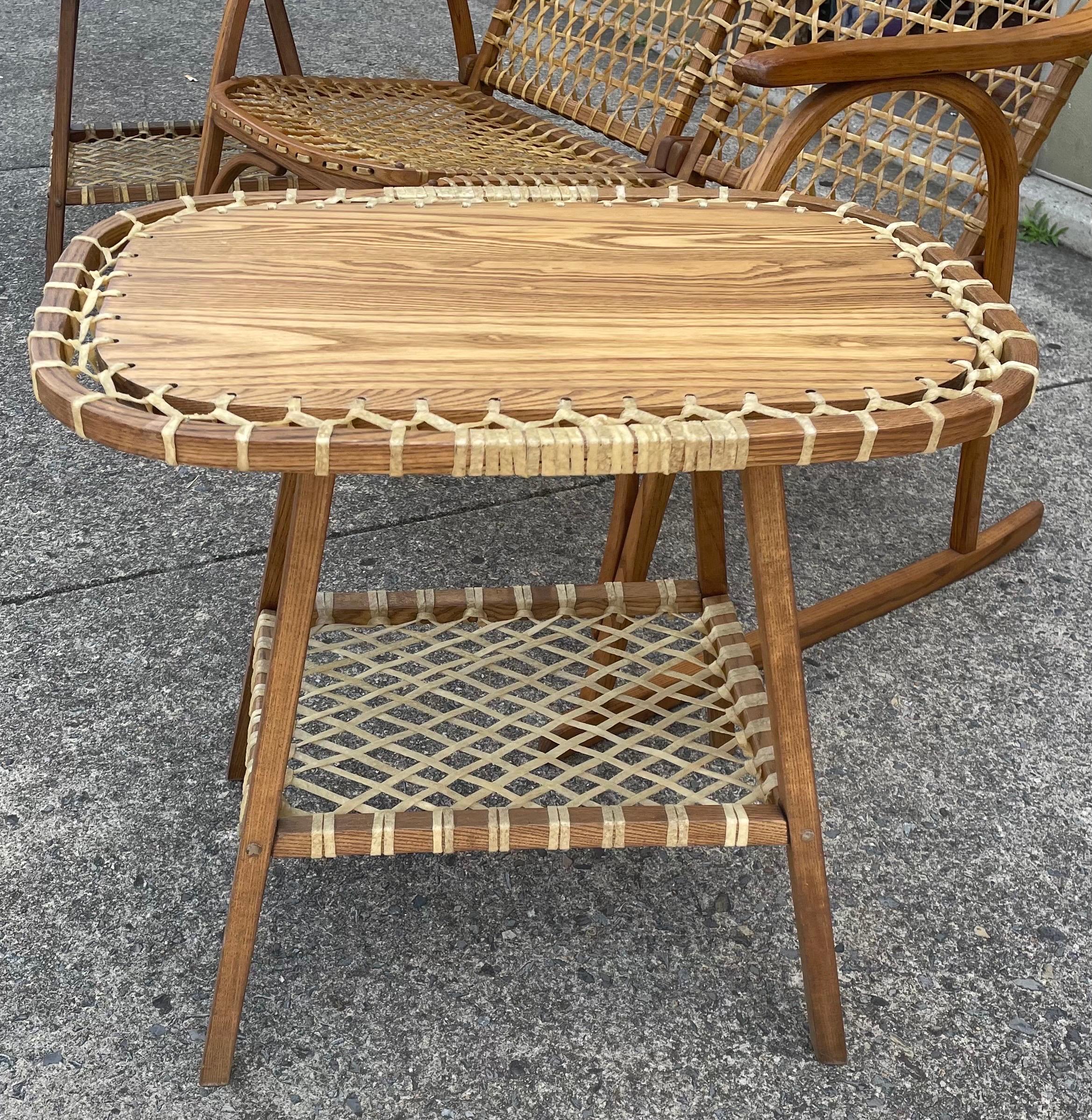 Arts and Crafts Vermont Tubbs Snowshoe Caned Double Rocker Bench Settee 2 End/Side Tables Set For Sale
