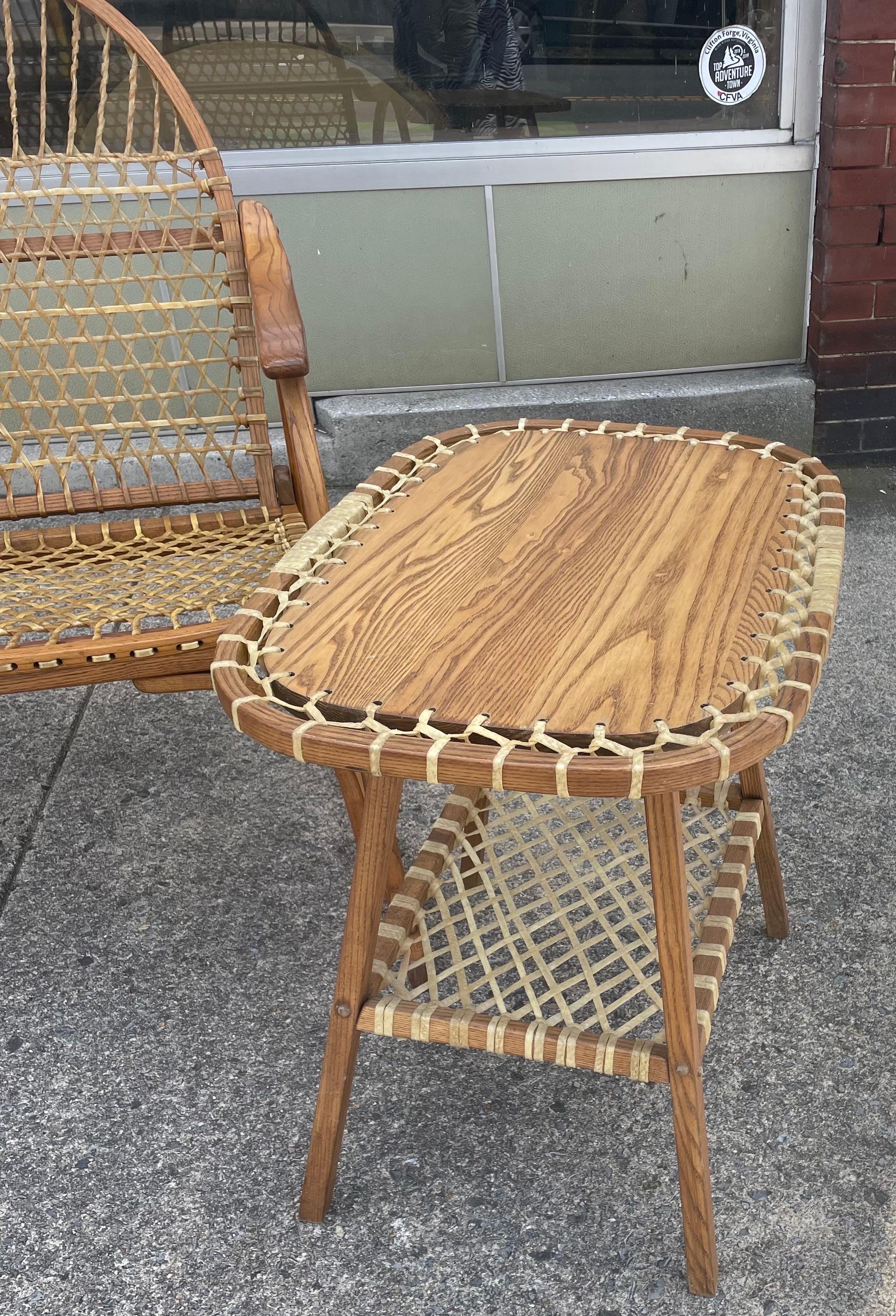American Vermont Tubbs Snowshoe Caned Double Rocker Bench Settee 2 End/Side Tables Set For Sale