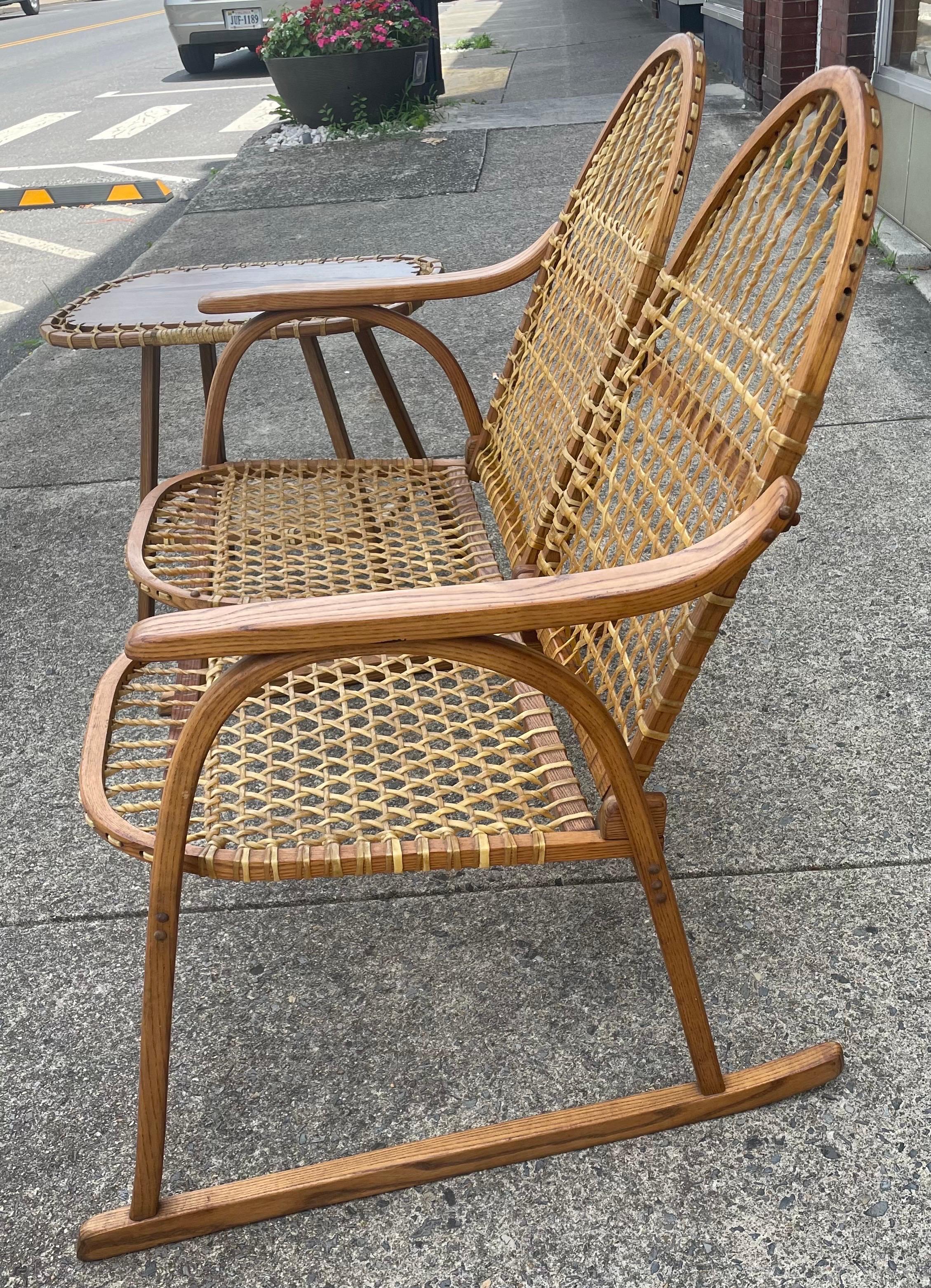 Vermont Tubbs Snowshoe Caned Double Rocker Bench Settee 2 End/Side Tables Set In Good Condition For Sale In Clifton Forge, VA