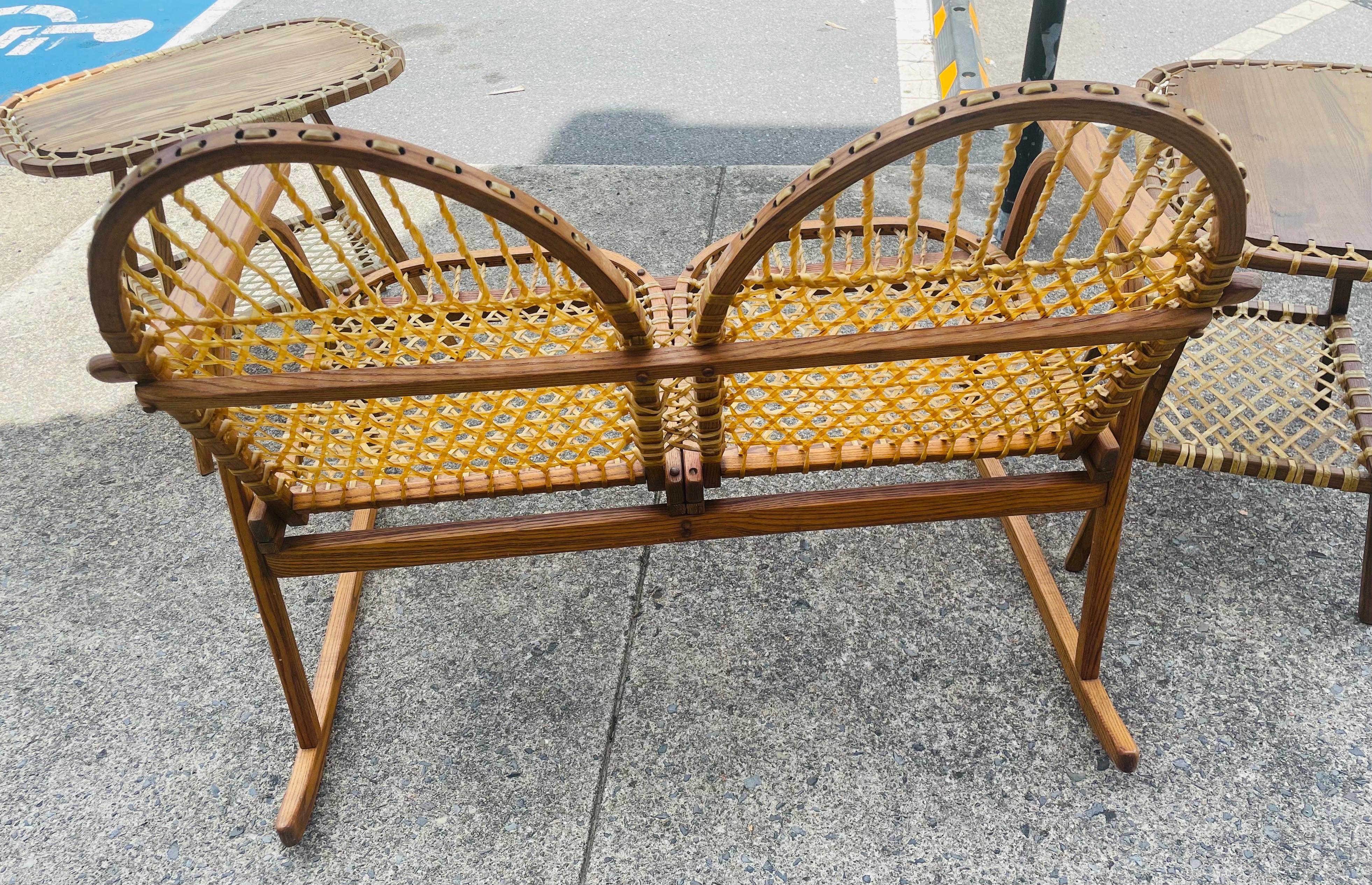 20th Century Vermont Tubbs Snowshoe Caned Double Rocker Bench Settee 2 End/Side Tables Set For Sale