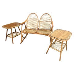 Vermont Tubbs Snowshoe Caned Double Rocker Bench Settee 2 End/Side Tables Set