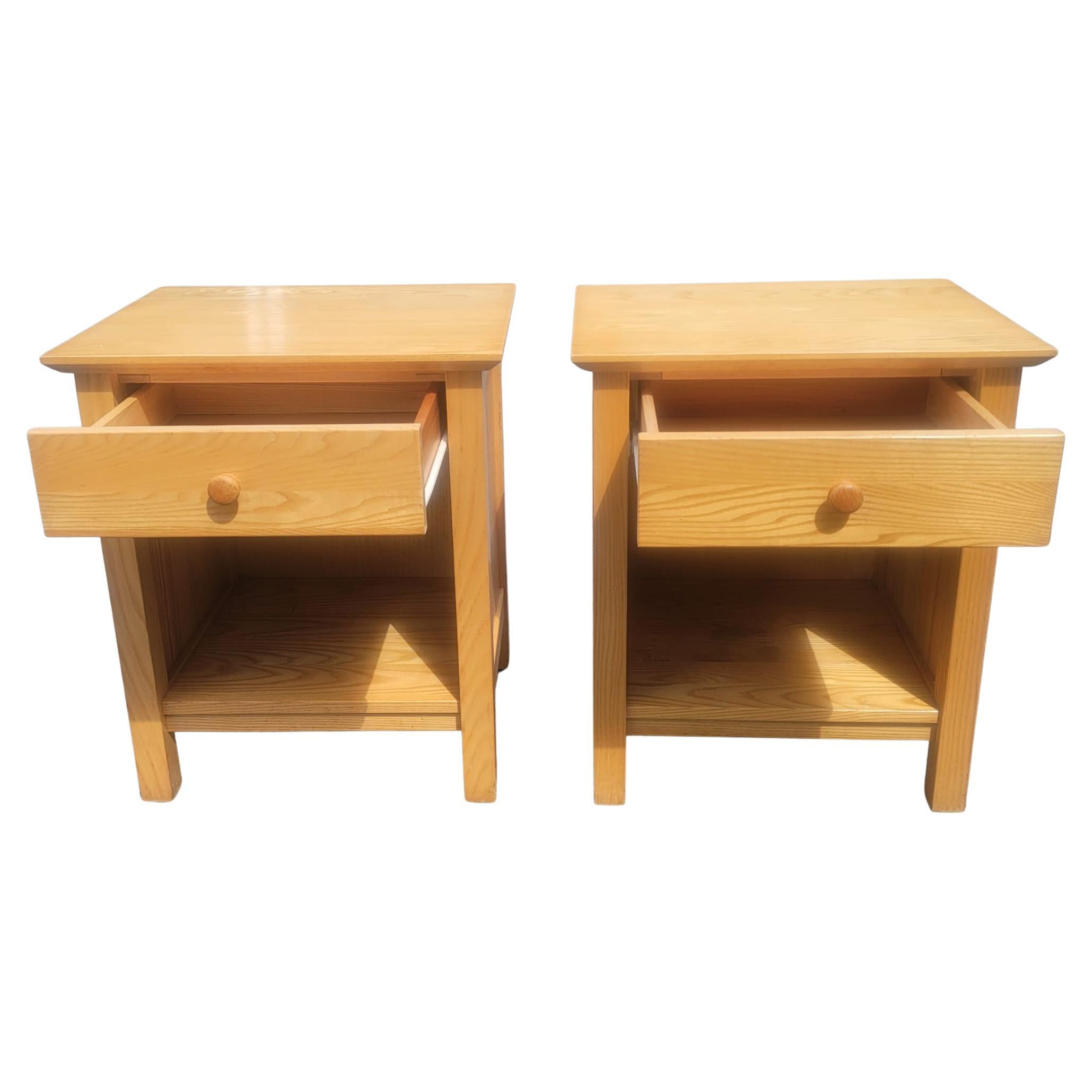 American Vermont Tubbs Solid Ash Wood Single Drawer Bedside Tables Nightstands, a Pair