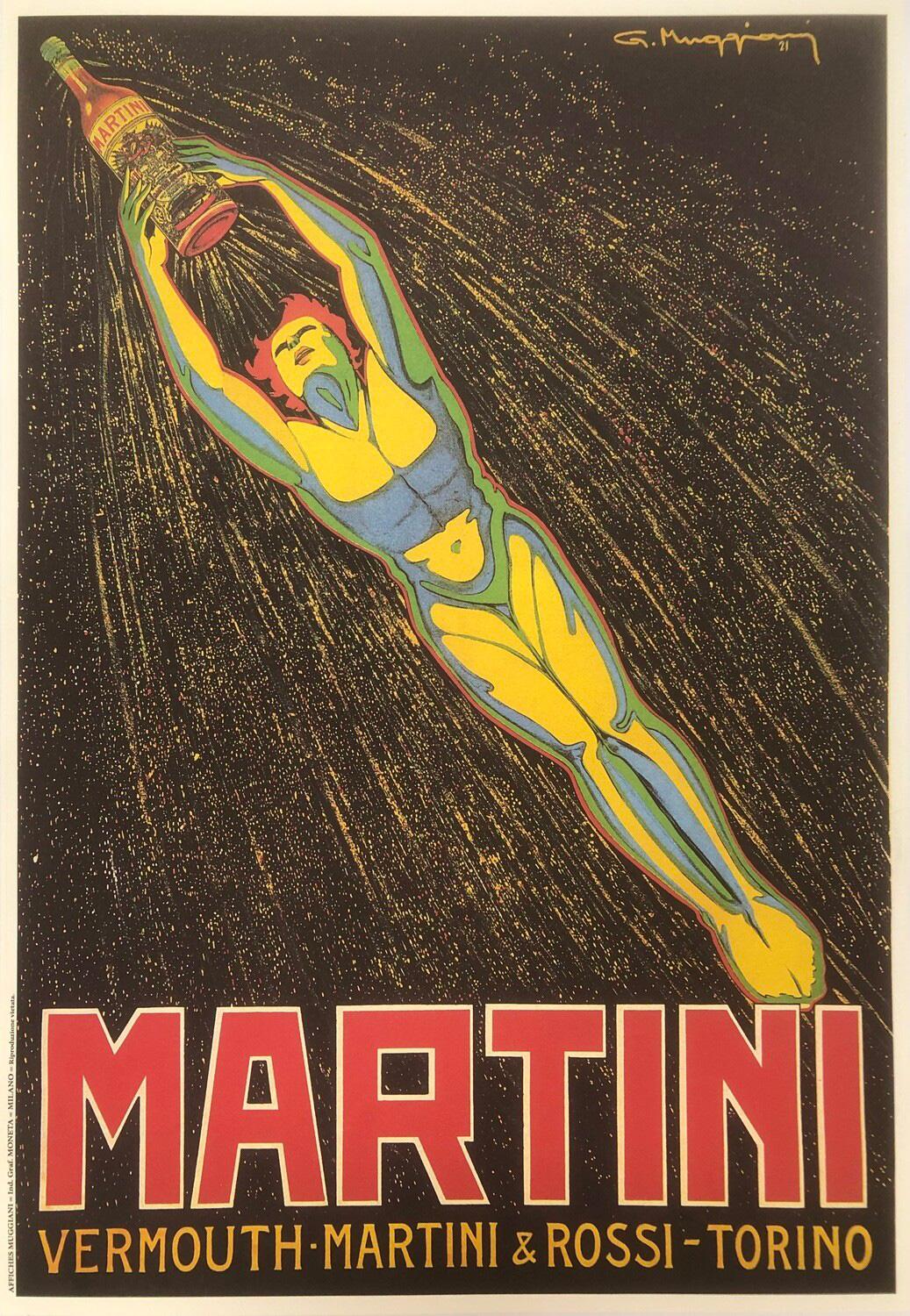 20th Century Vermouth Martini, 1980's Vintage Italian Alcohol Advertising Poster, Muggiani