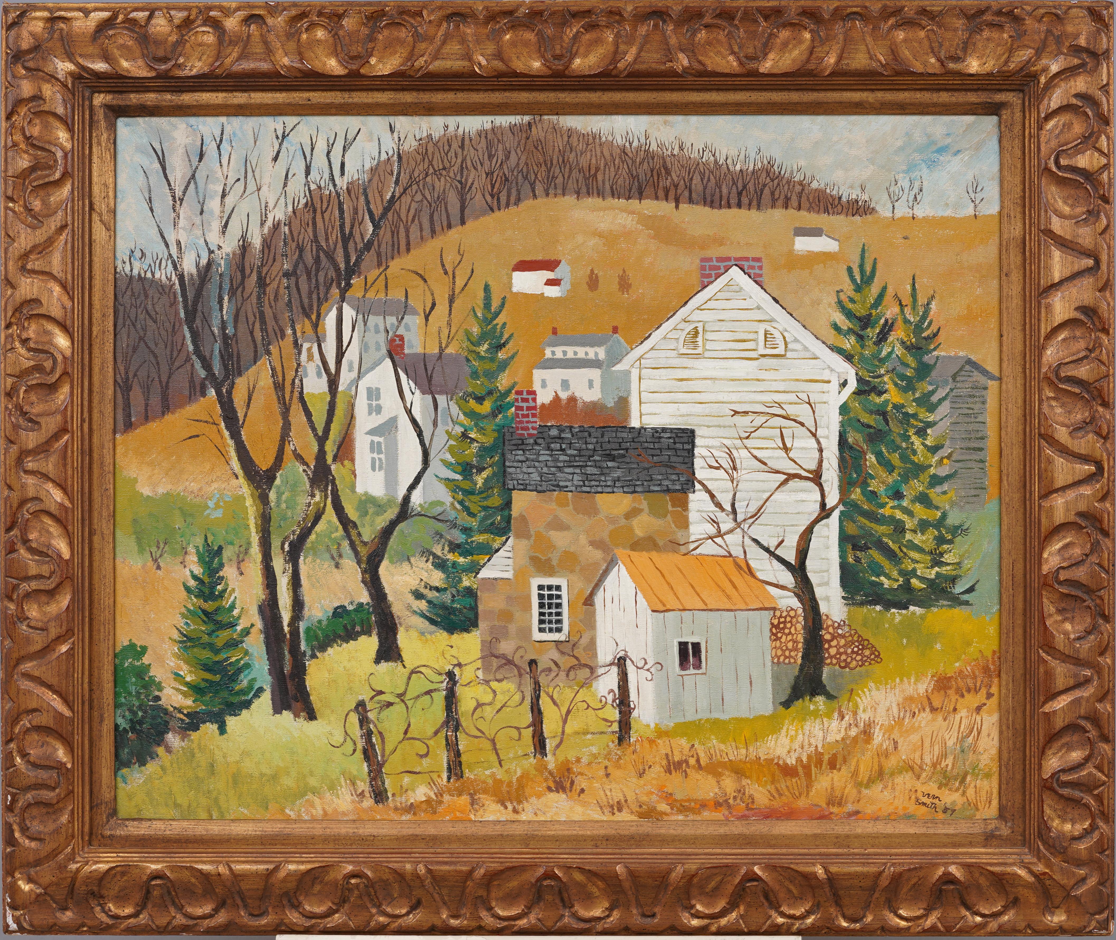 Charming and well painted rural New England modernist landcape by Vern Henry Smith (1927 - 2007.  Oil on canvas.  Framed.  Signed. 
