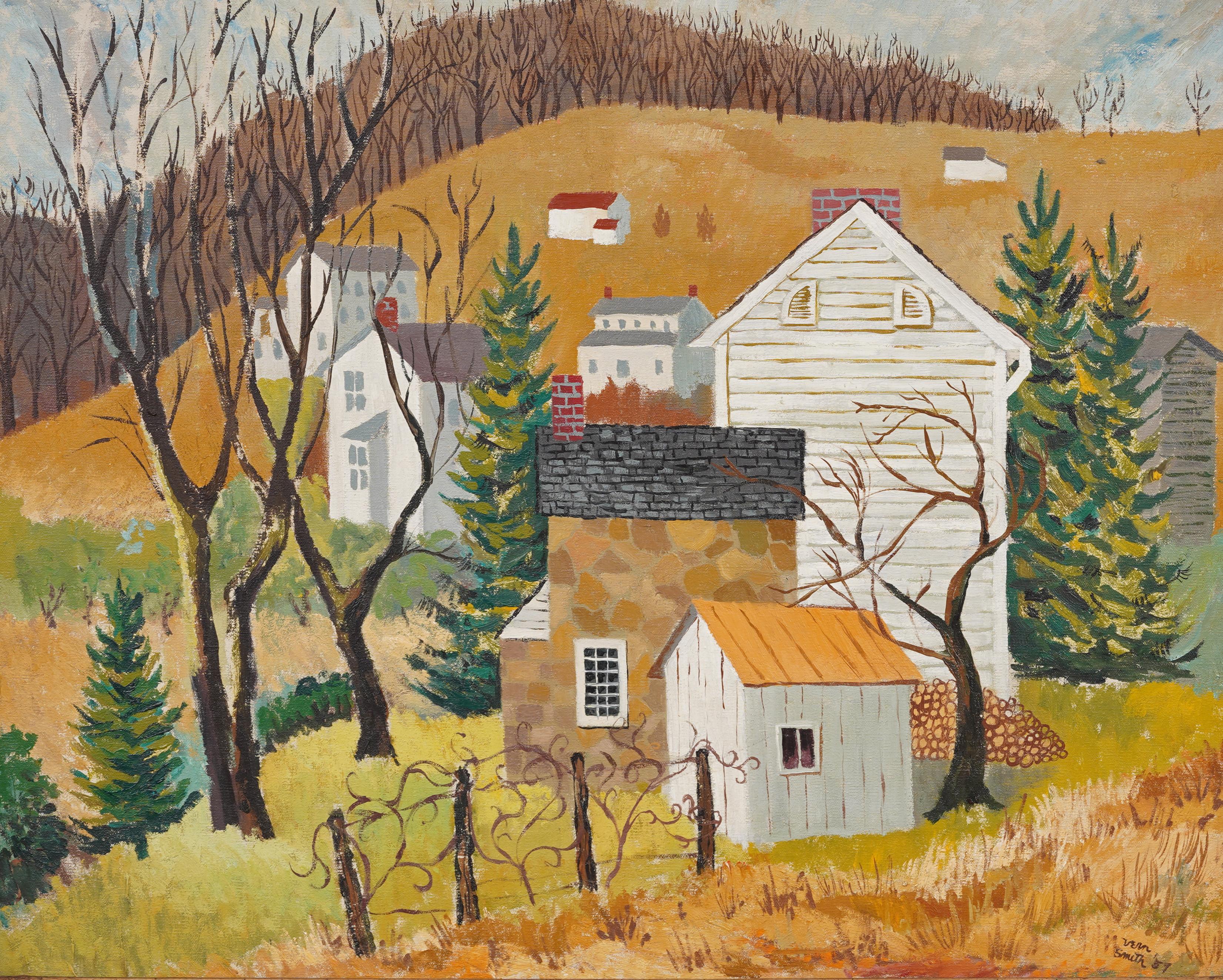 Antique American Modernist Landscape Framed New England FallOil Painting For Sale 1