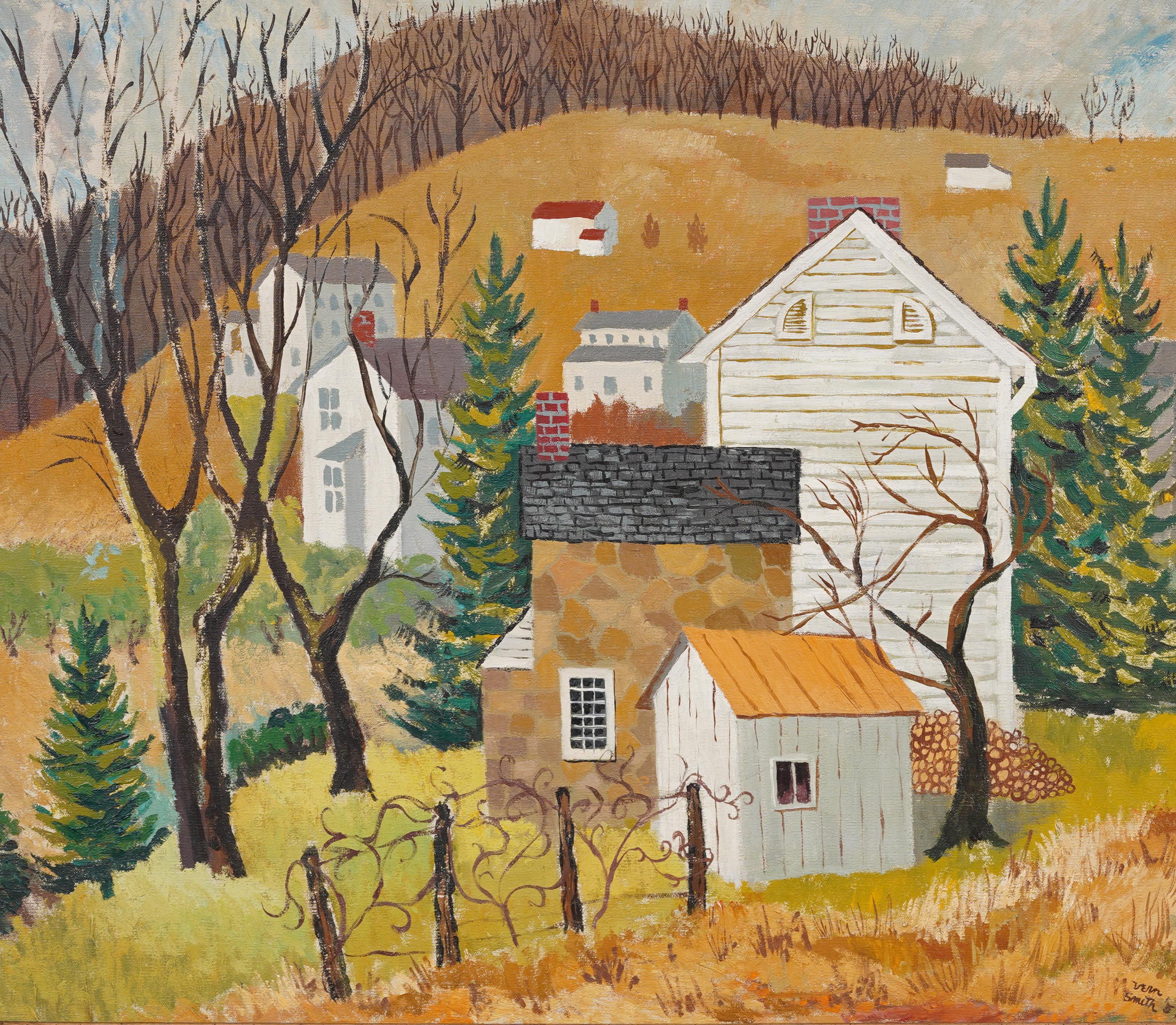 Antique American Modernist Landscape Framed New England FallOil Painting For Sale 2