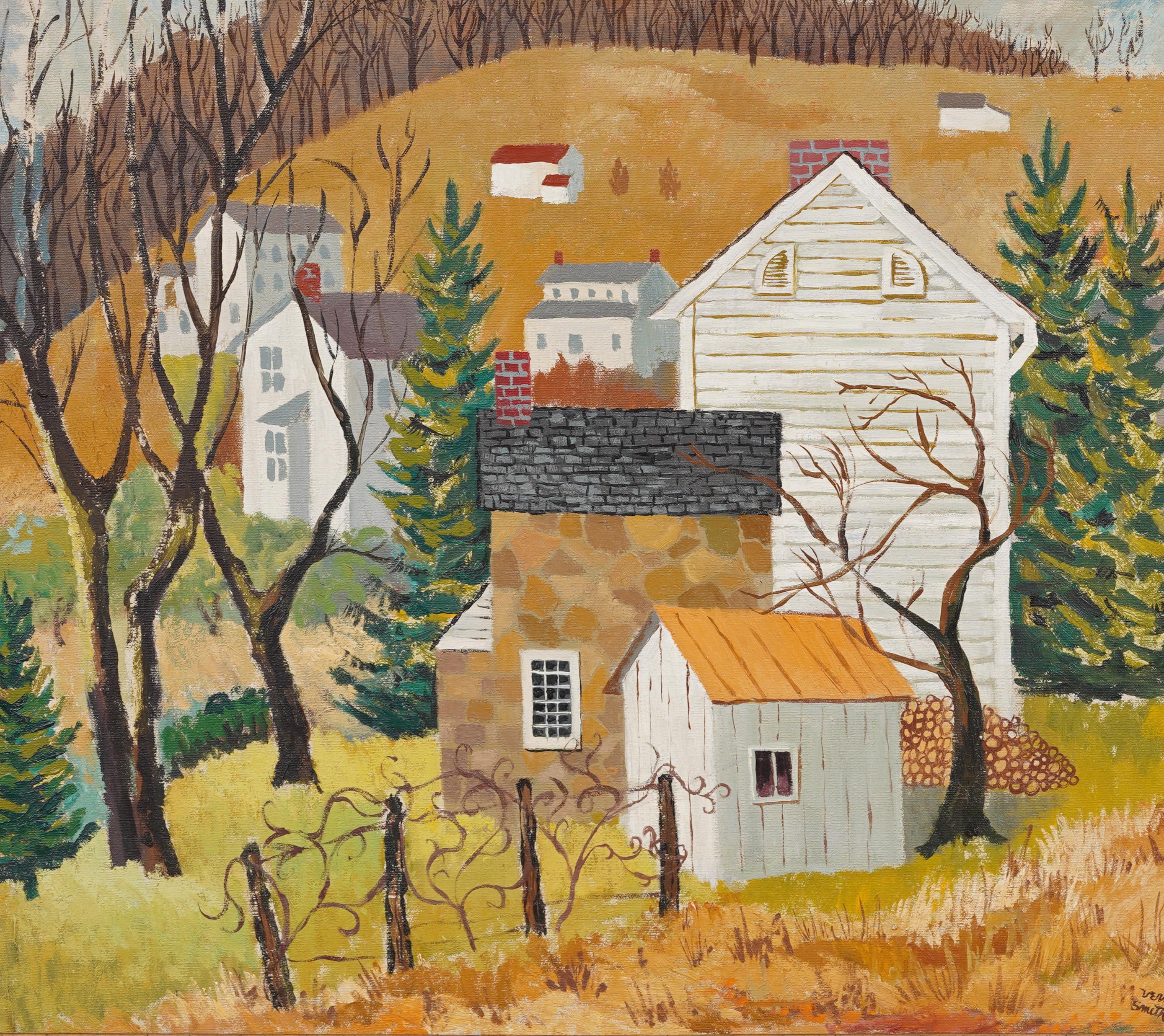 Antique American Modernist Landscape Framed New England FallOil Painting For Sale 3
