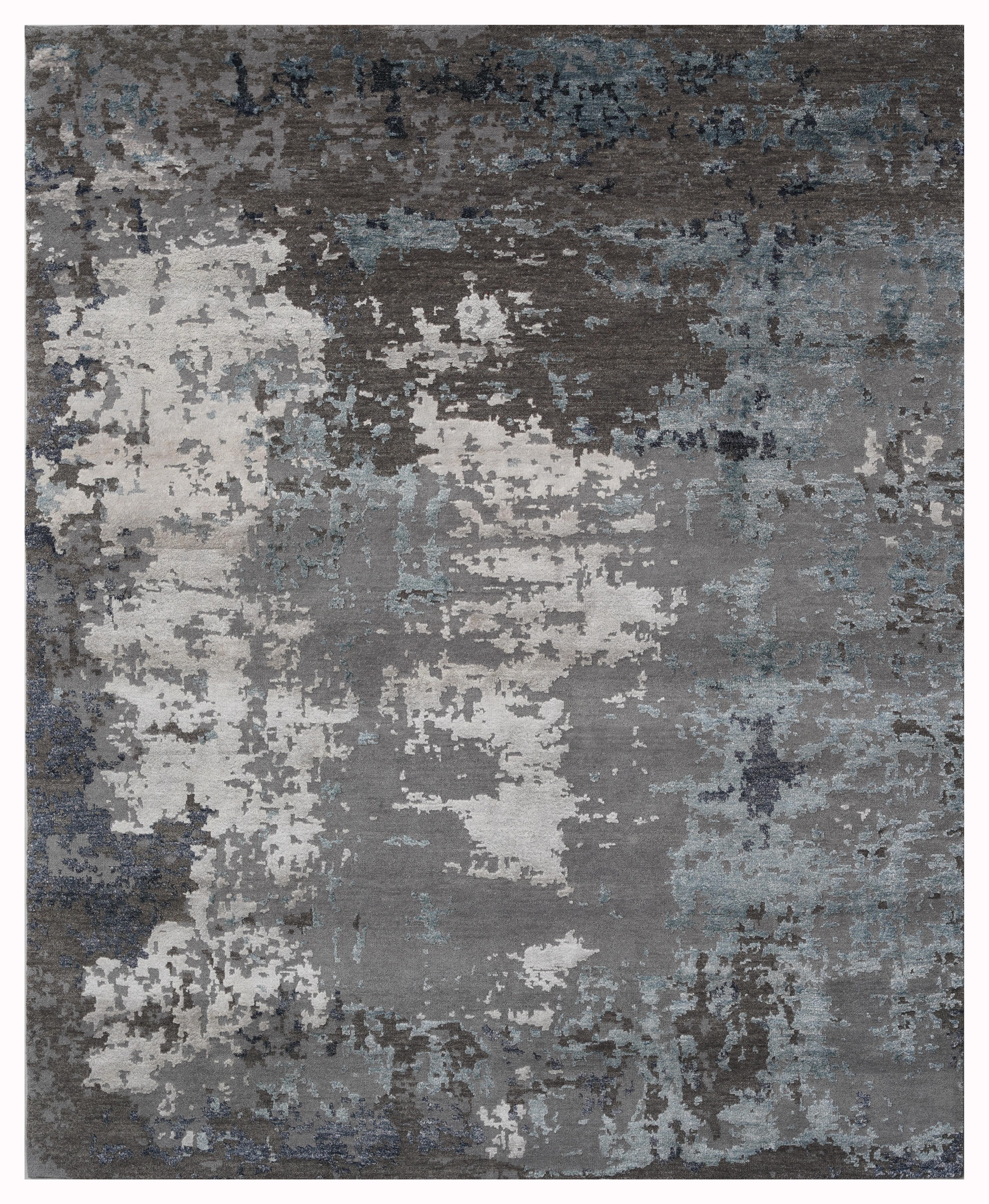 Verna Hand Knotted Modern Silk Rug in Charcoal Rust & Grey Blue Colours by Hands (Handgeknüpft) im Angebot