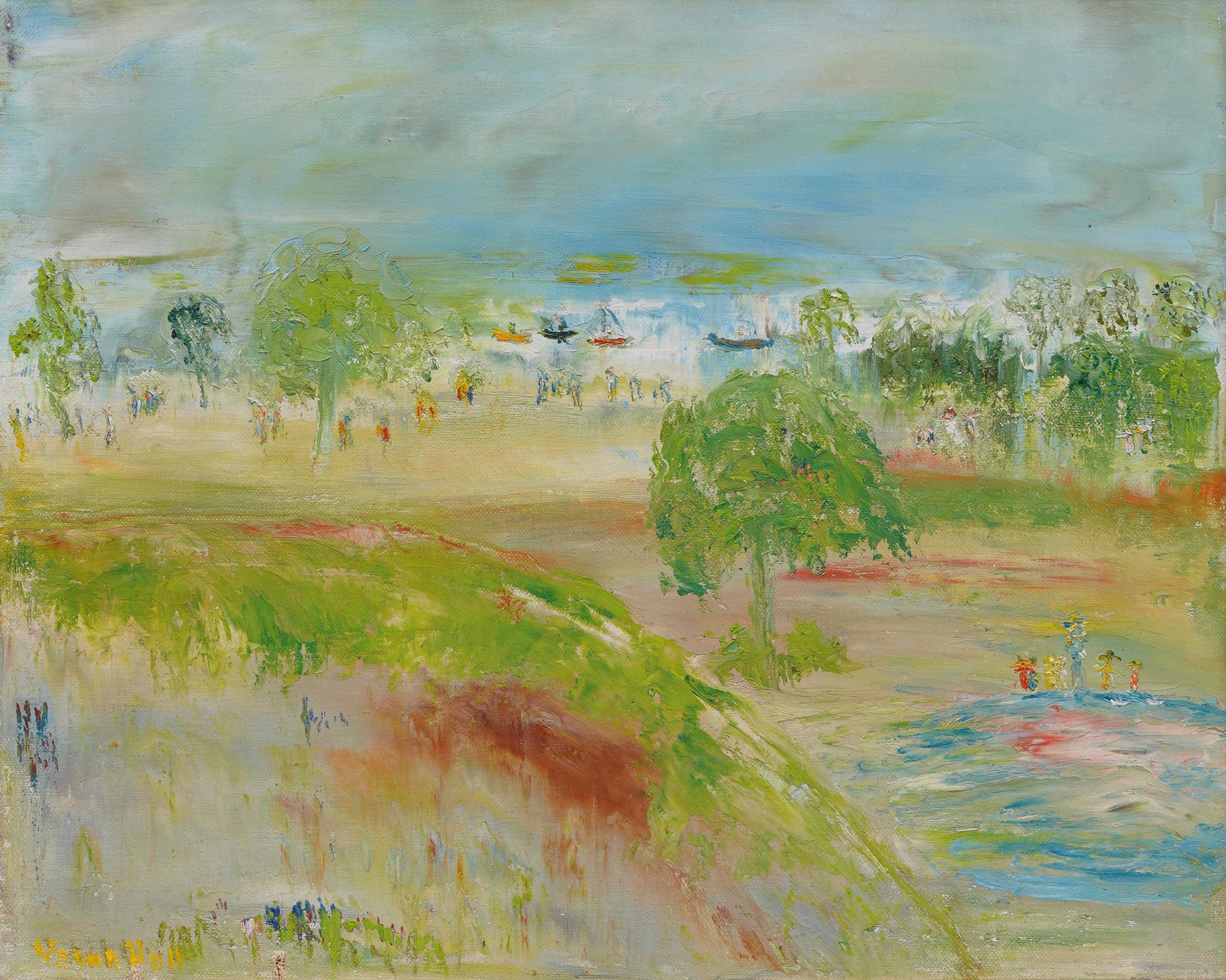 Quadro astratto di metà secolo ben dipinto da Verna Hull (1916 - 2002).  Olio su tela.   Incorniciato.  Firmato.
