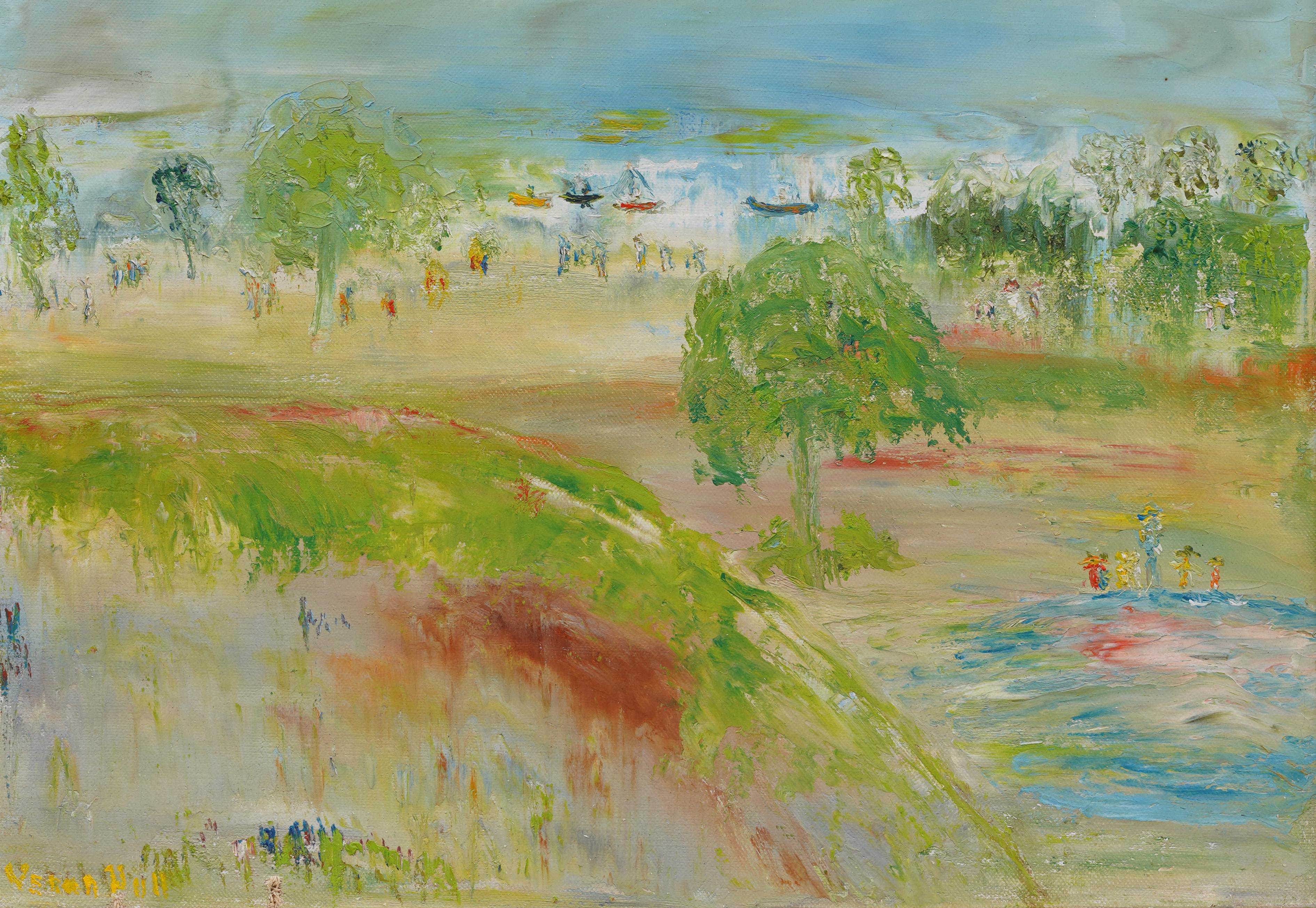 Schön gemaltes abstraktes Gemälde aus der Mitte des Jahrhunderts von Verna Herbst Hull (1916 - 2002).  Öl auf Leinwand.   Gerahmt.  Unterschrieben.