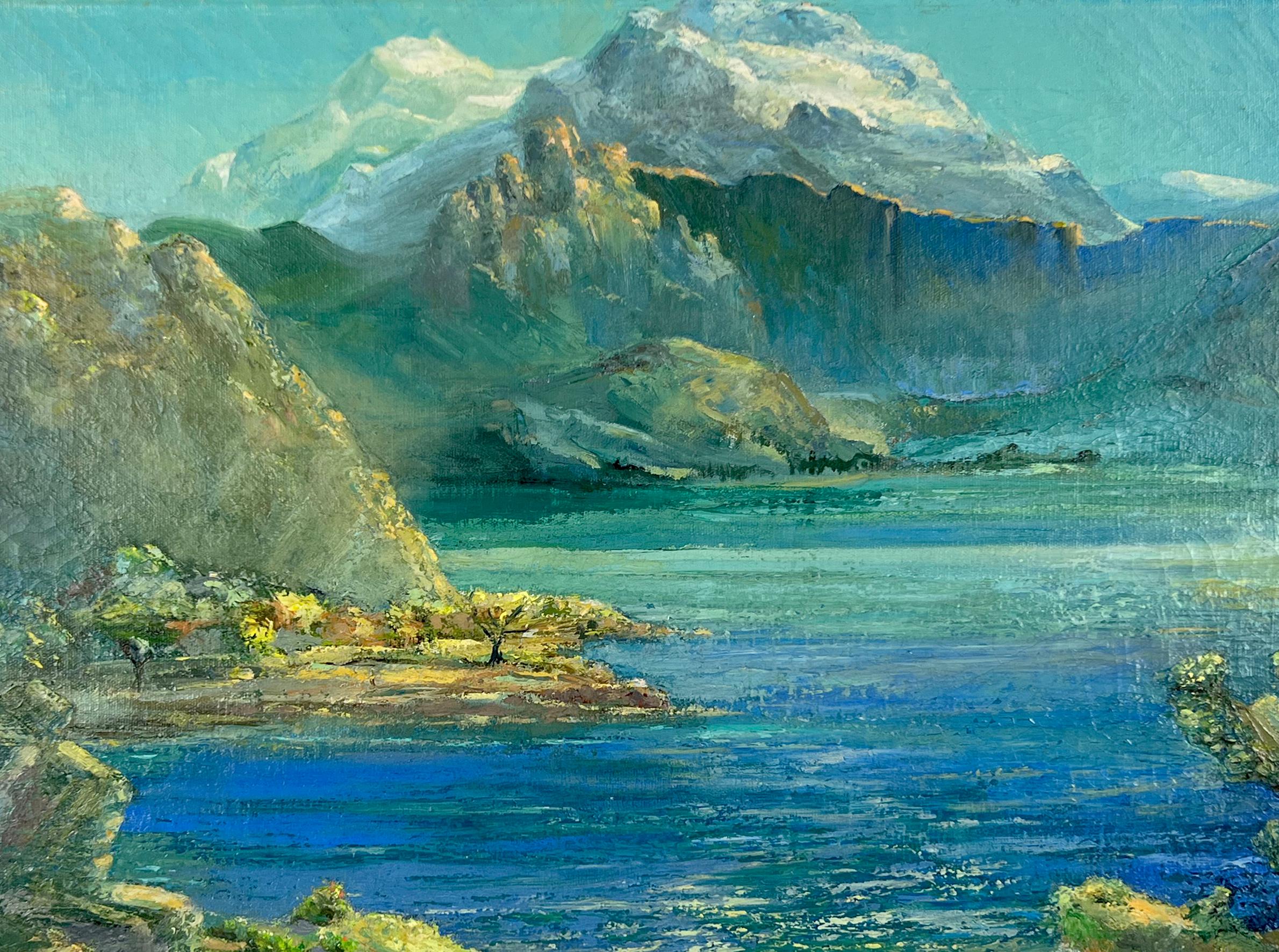 Blauer See in den Felsen und Jäger – Öl auf Leinen – Painting von Verne Byer