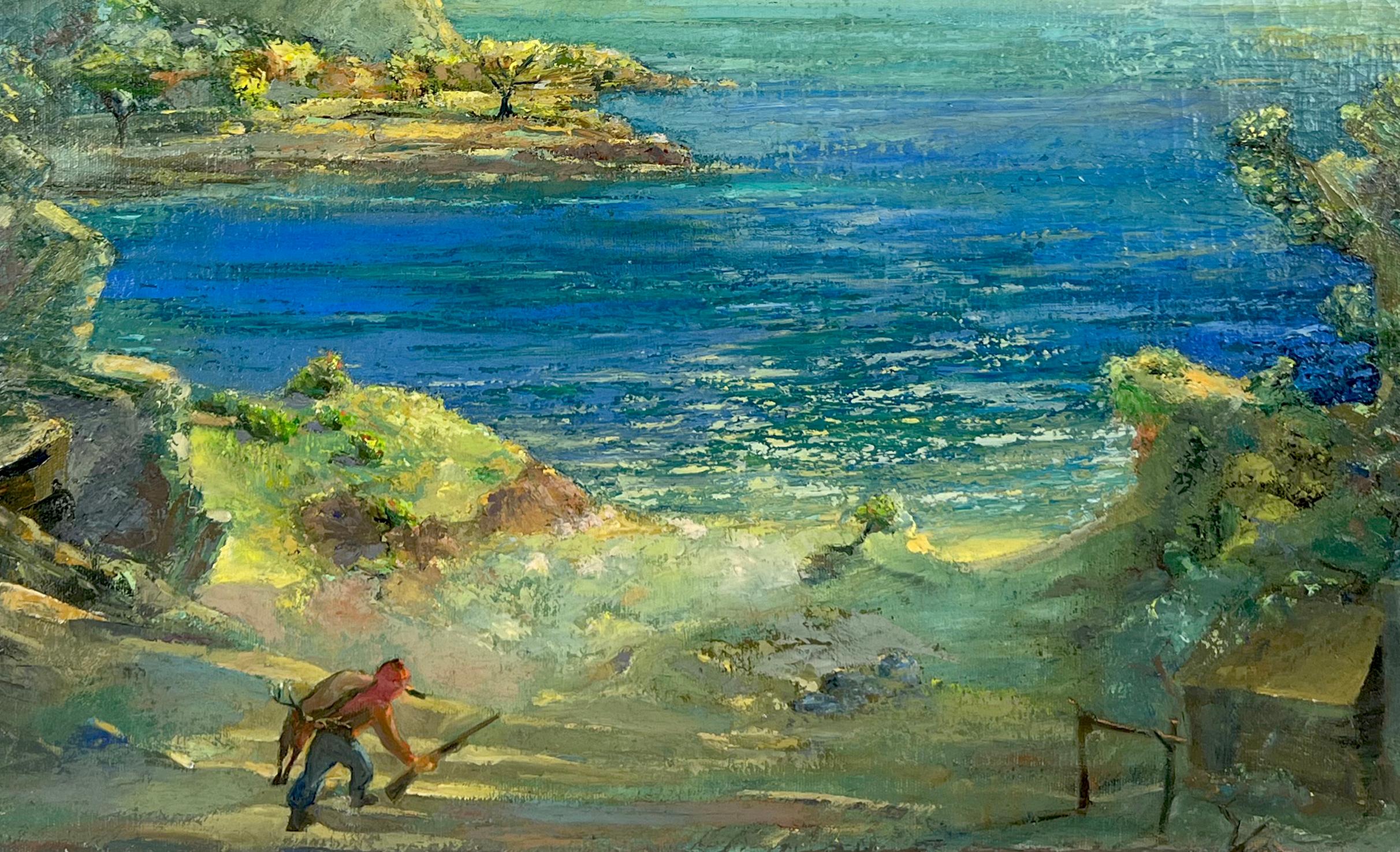 Blauer See in den Felsen und Jäger – Öl auf Leinen (Amerikanischer Impressionismus), Painting, von Verne Byer