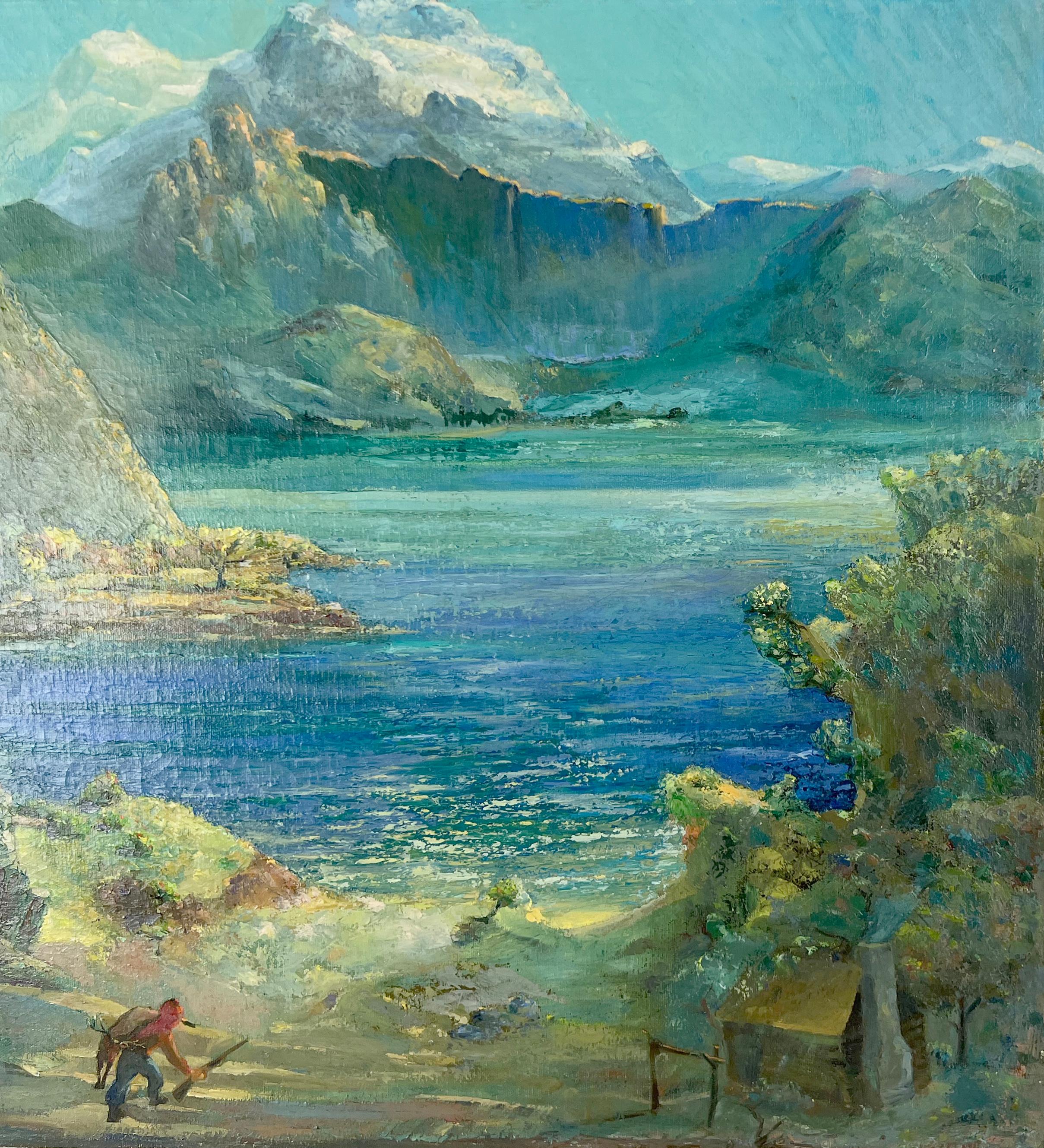 Blauer See in den Felsen und Jäger – Öl auf Leinen (Grau), Landscape Painting, von Verne Byer