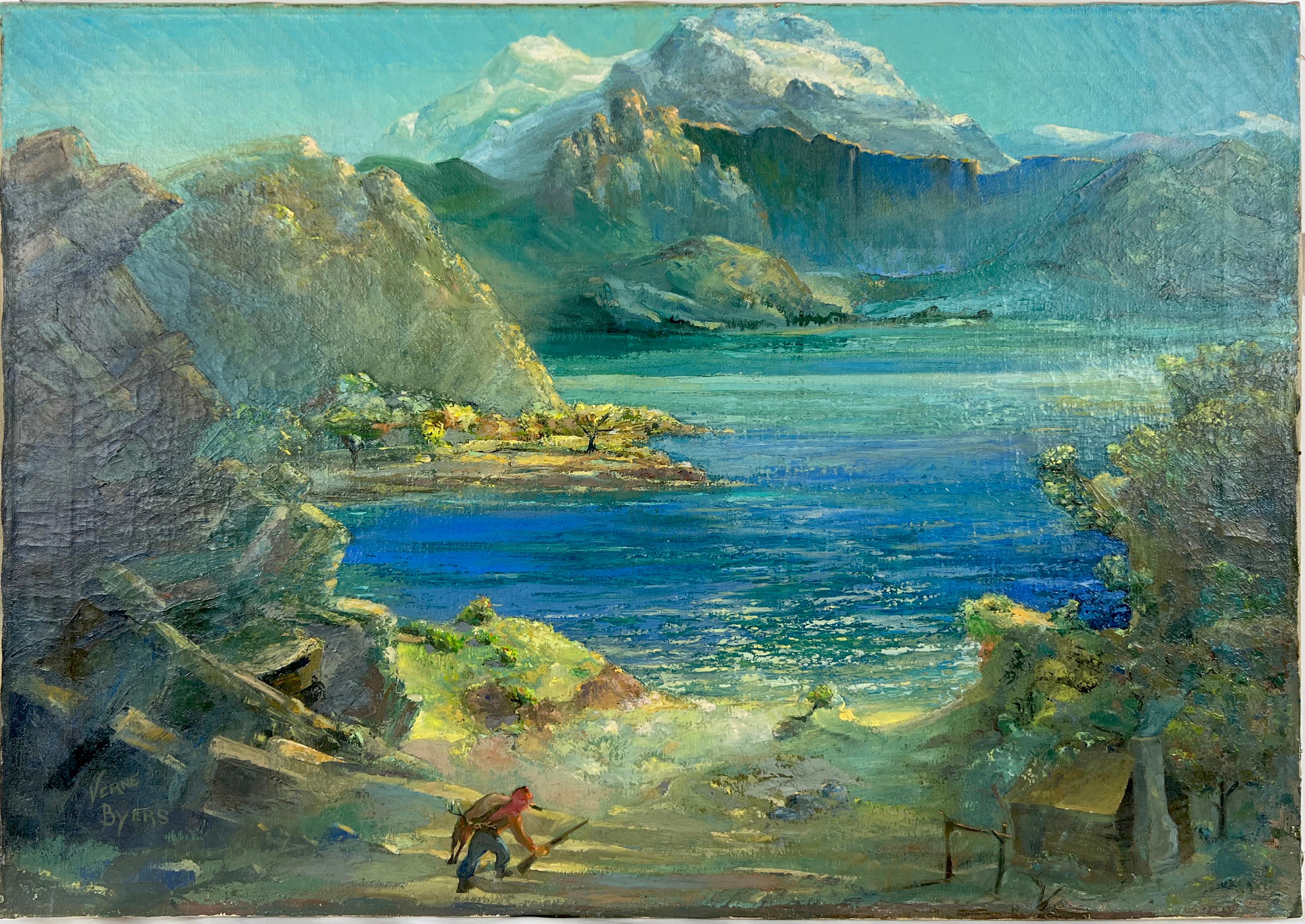Verne Byer Landscape Painting – Blauer See in den Felsen und Jäger – Öl auf Leinen