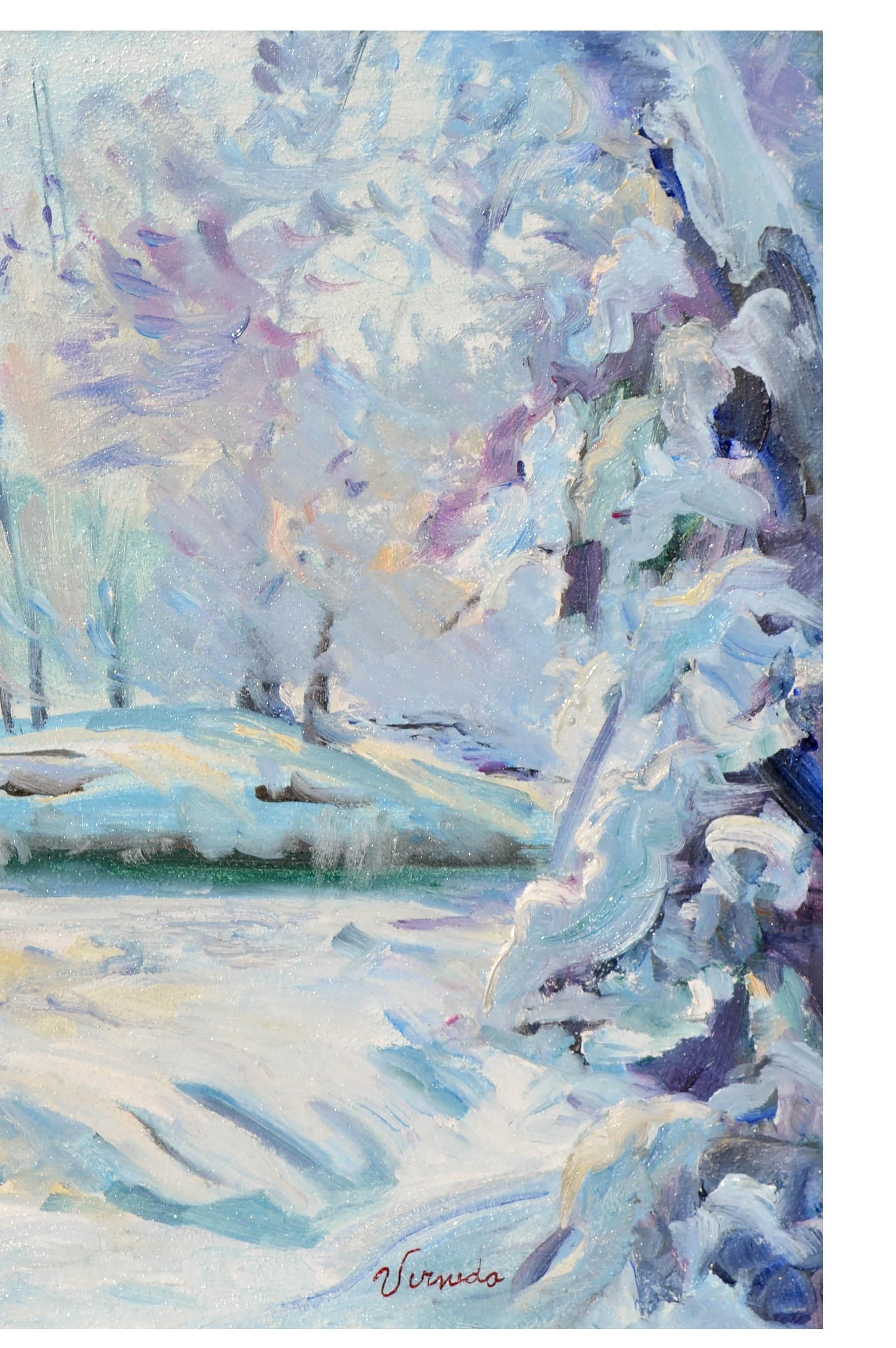 Landschaft aus der Mitte des Jahrhunderts – Schneeflocken-Stream in den Sierra Mountains – Painting von Verneda Mehringer 
