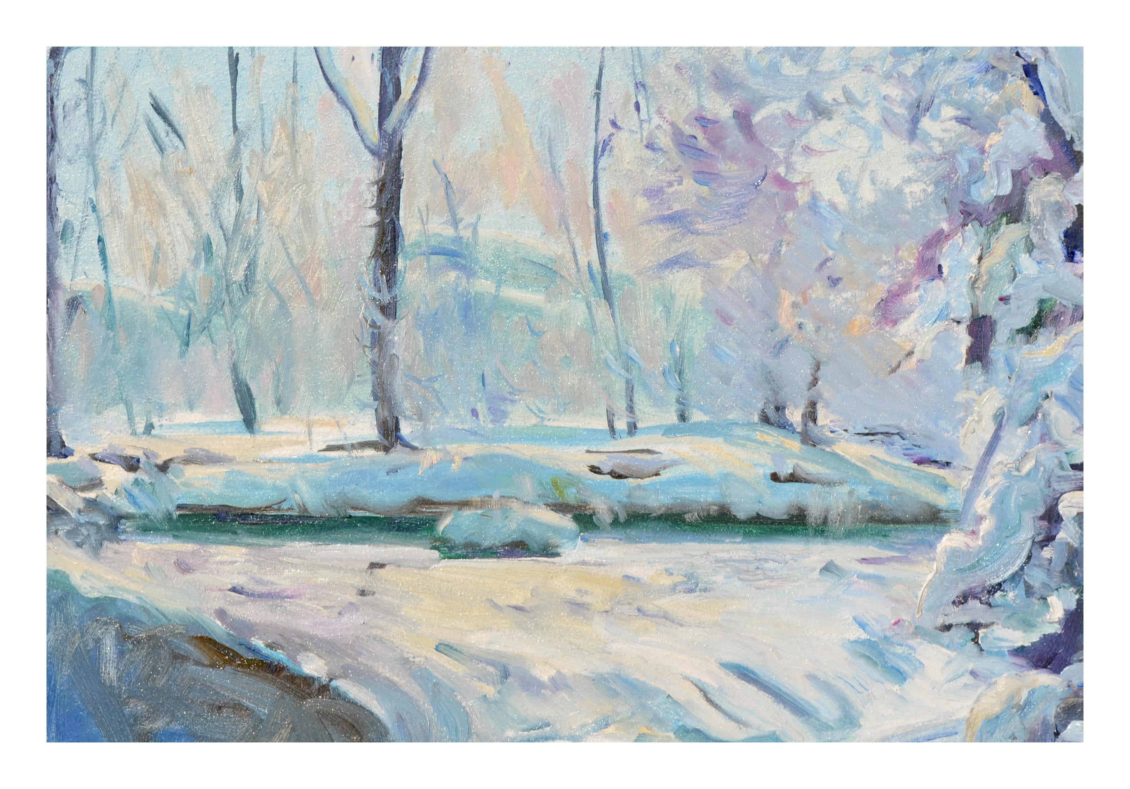 Landschaft aus der Mitte des Jahrhunderts – Schneeflocken-Stream in den Sierra Mountains (Amerikanischer Impressionismus), Painting, von Verneda Mehringer 